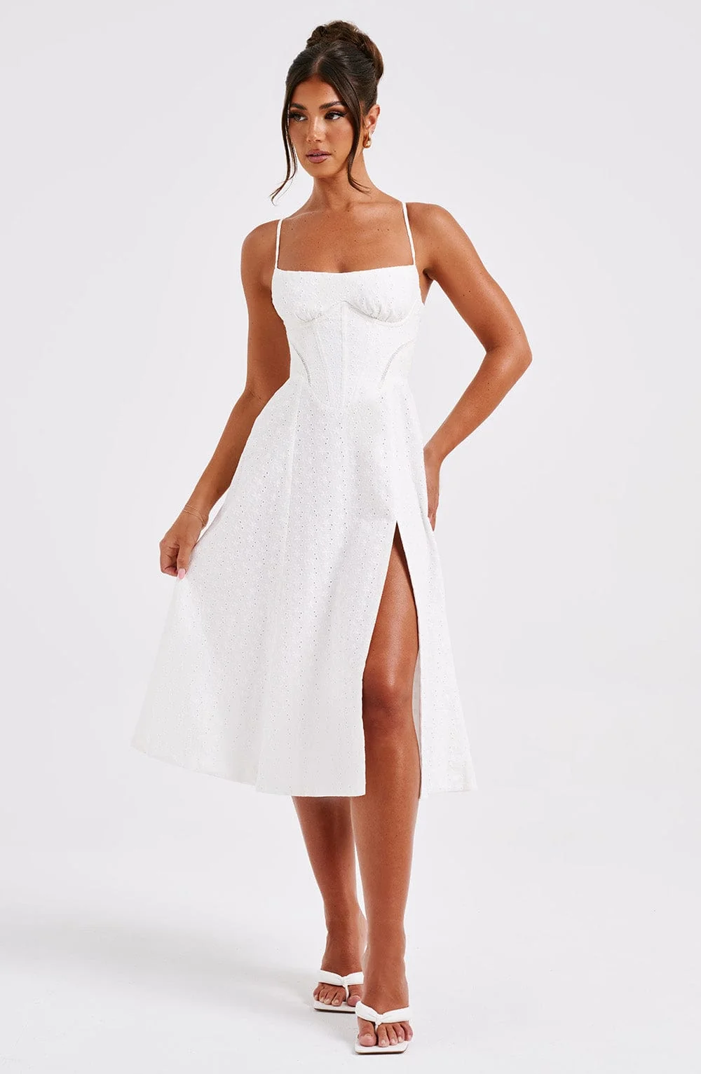 Ivory Broderie Anglaise Midi Dress with Boned Corset & Thigh Split