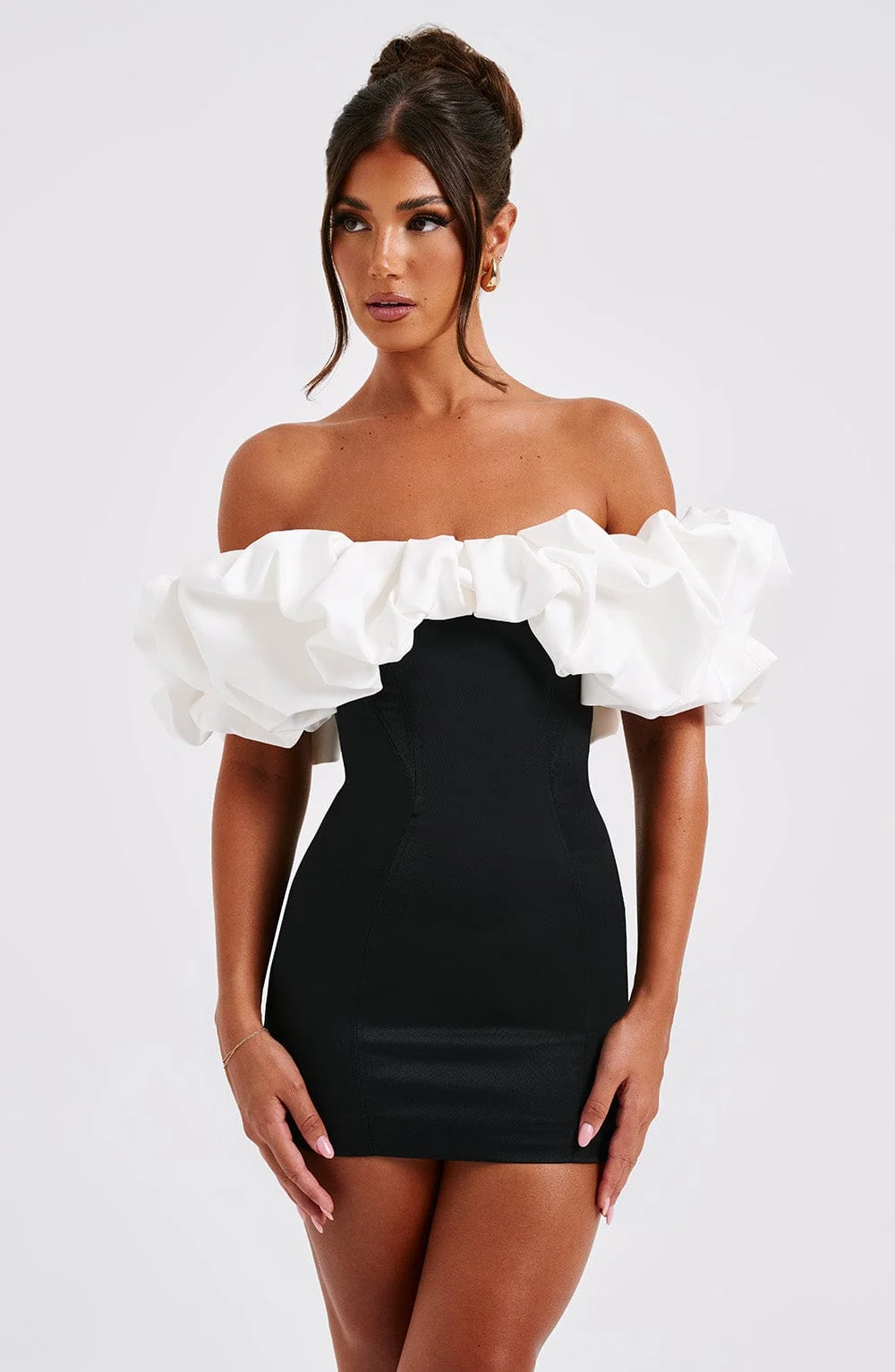 Bardot Neckline Mini Dress in Black and White