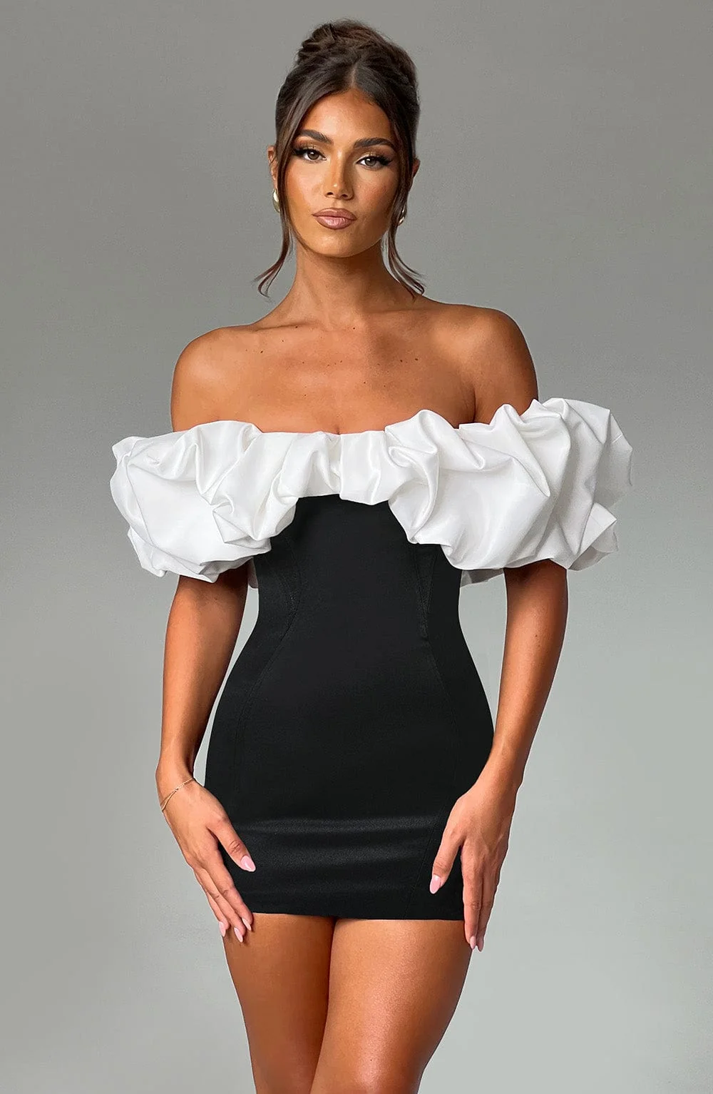 Bardot Neckline Mini Dress in Black and White