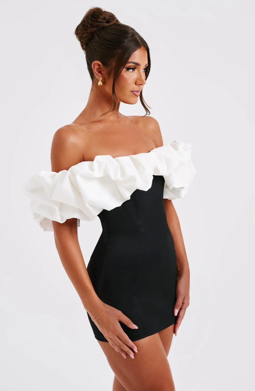Bardot Neckline Mini Dress in Black and White