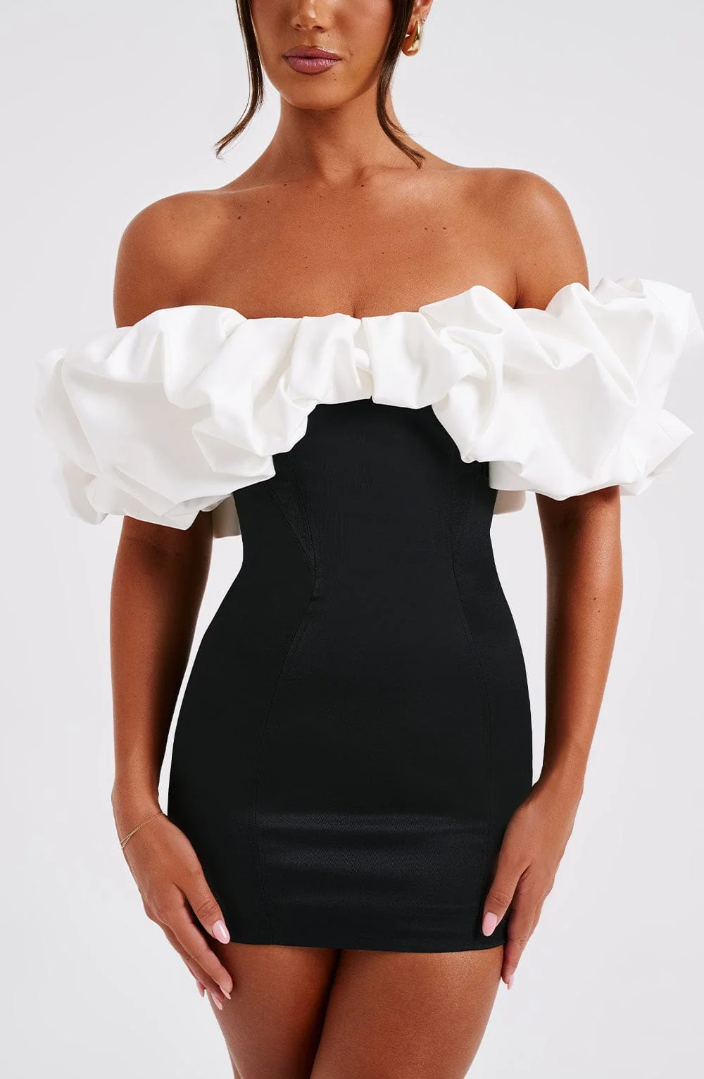 Bardot Neckline Mini Dress in Black and White