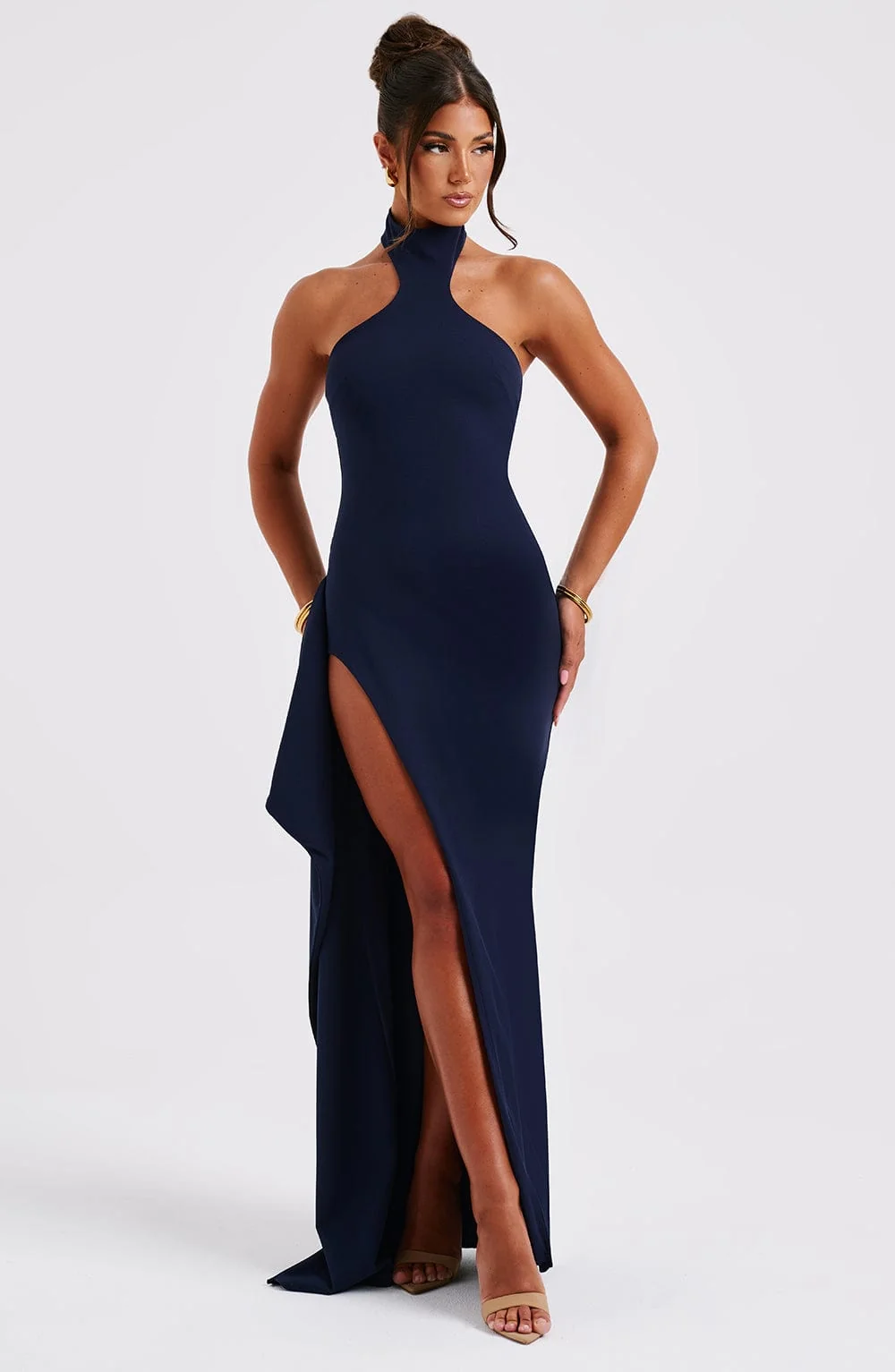 Navy Crepe Maxi Dress with High Neck and Slit
