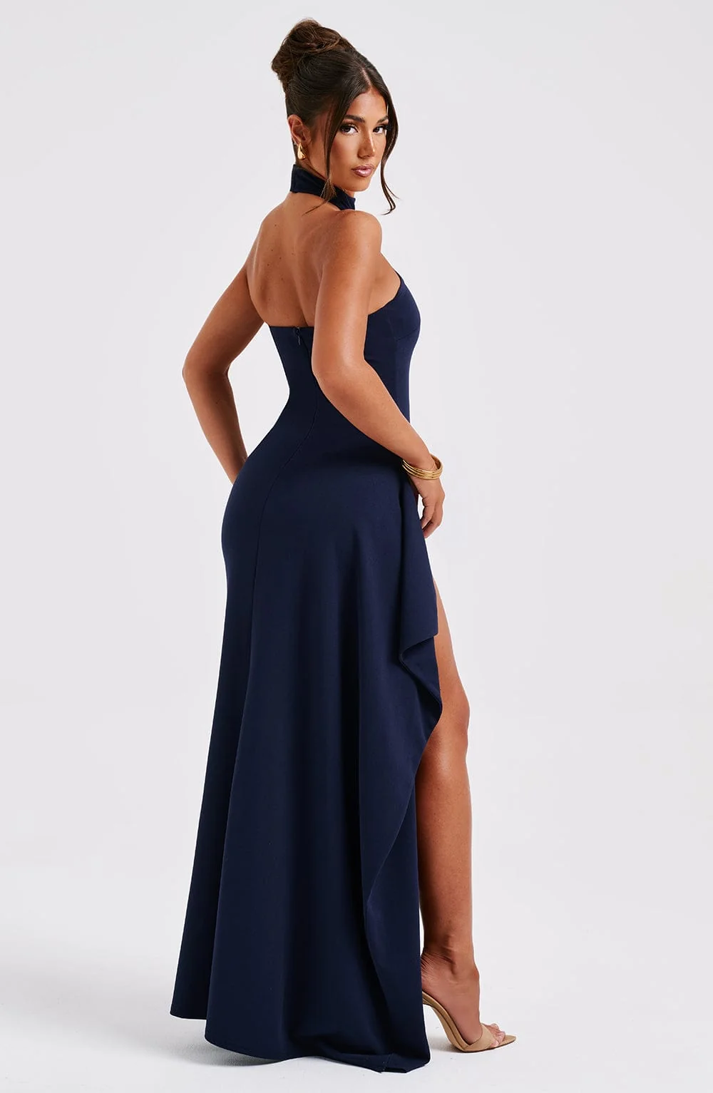Navy Crepe Maxi Dress with High Neck and Slit