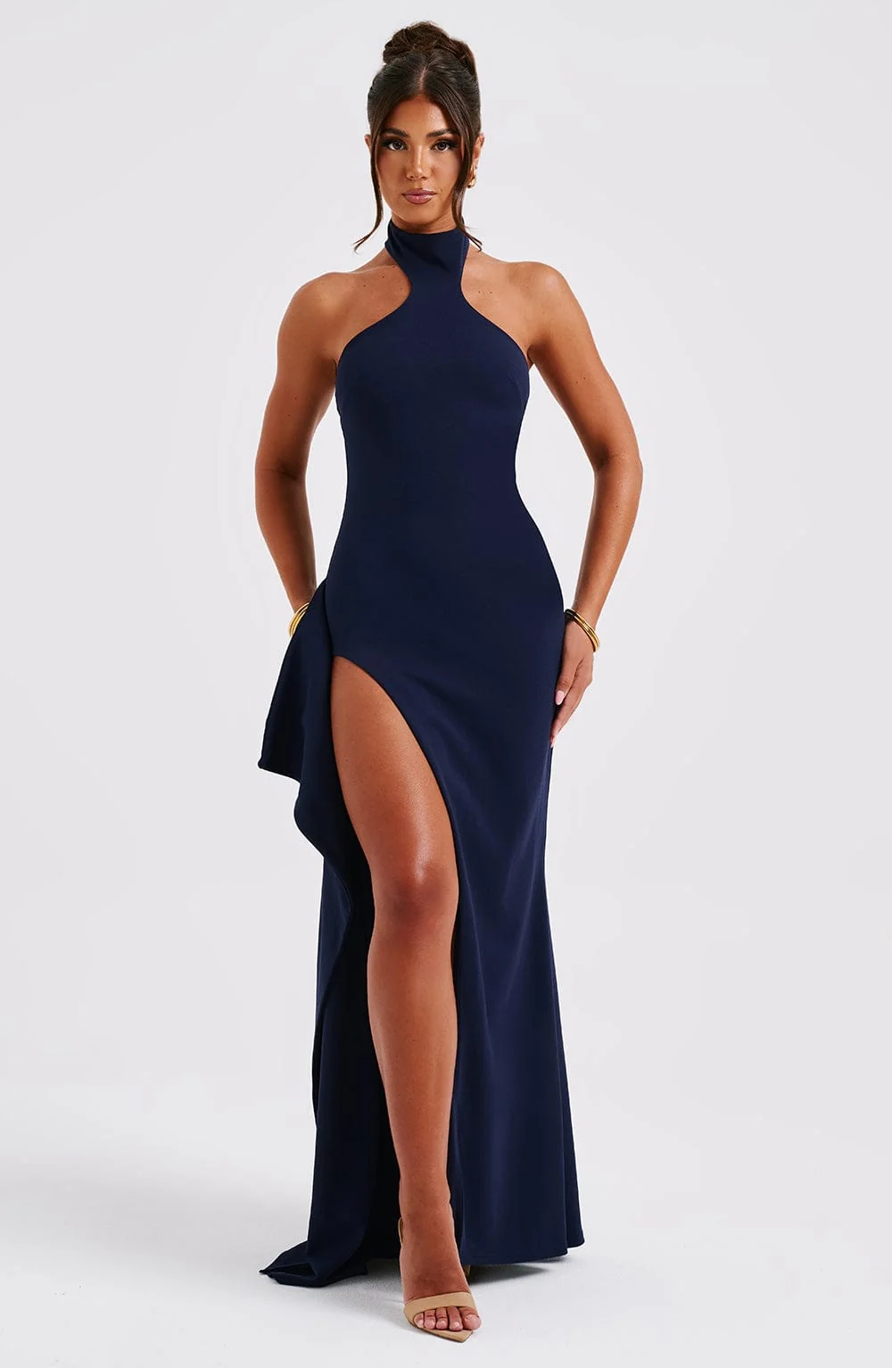 Navy Crepe Maxi Dress with High Neck and Slit