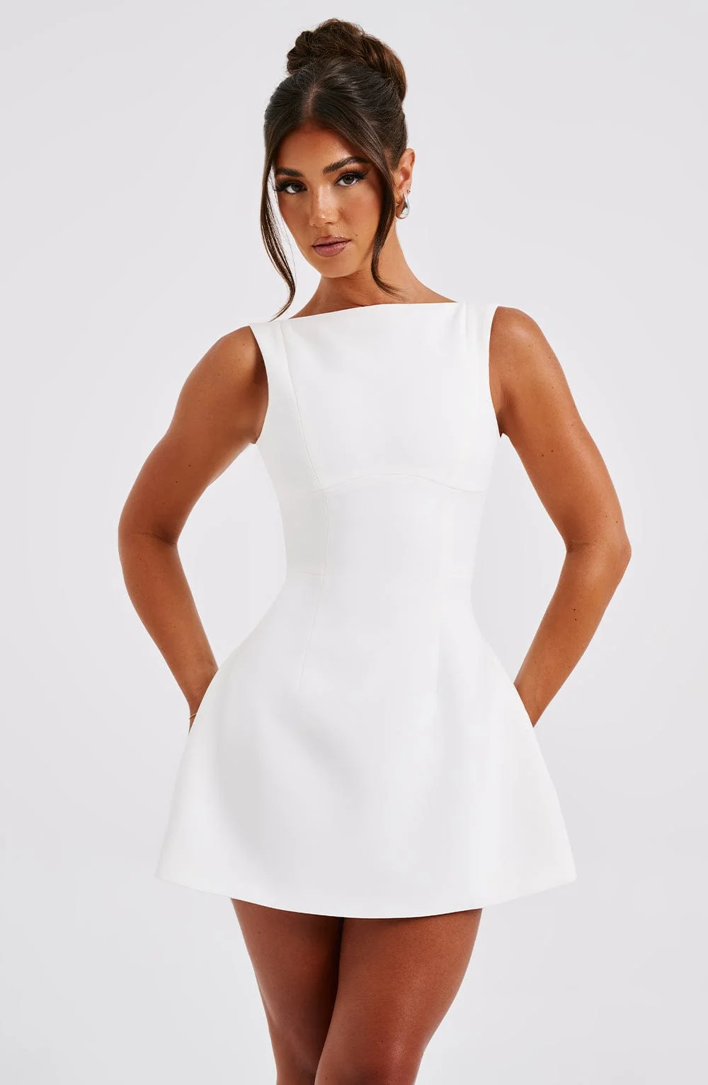 Ivory Crepe Bubble Mini Dress - Elegant High Neck Design