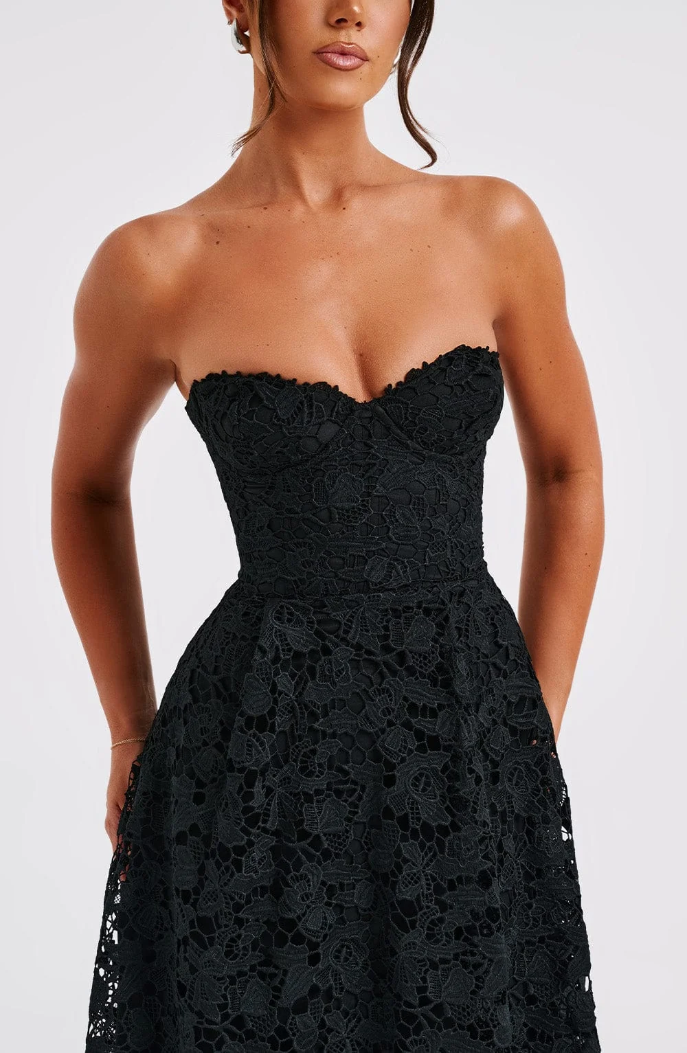 Elegant Black Lace Corset Bodice Midi Dress