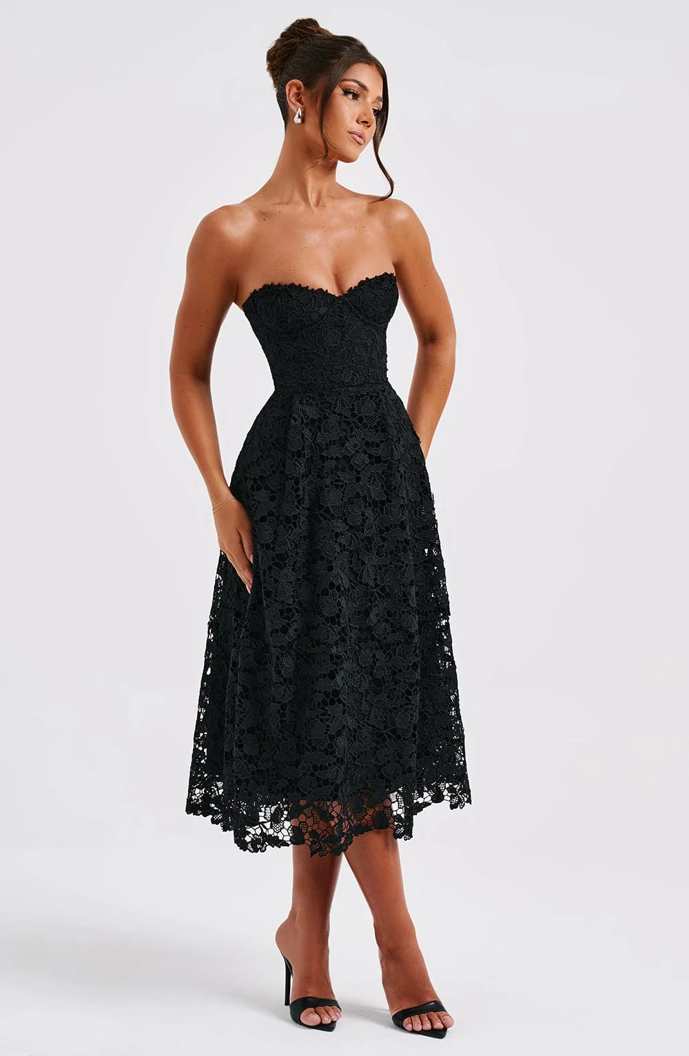 Elegant Black Lace Corset Bodice Midi Dress