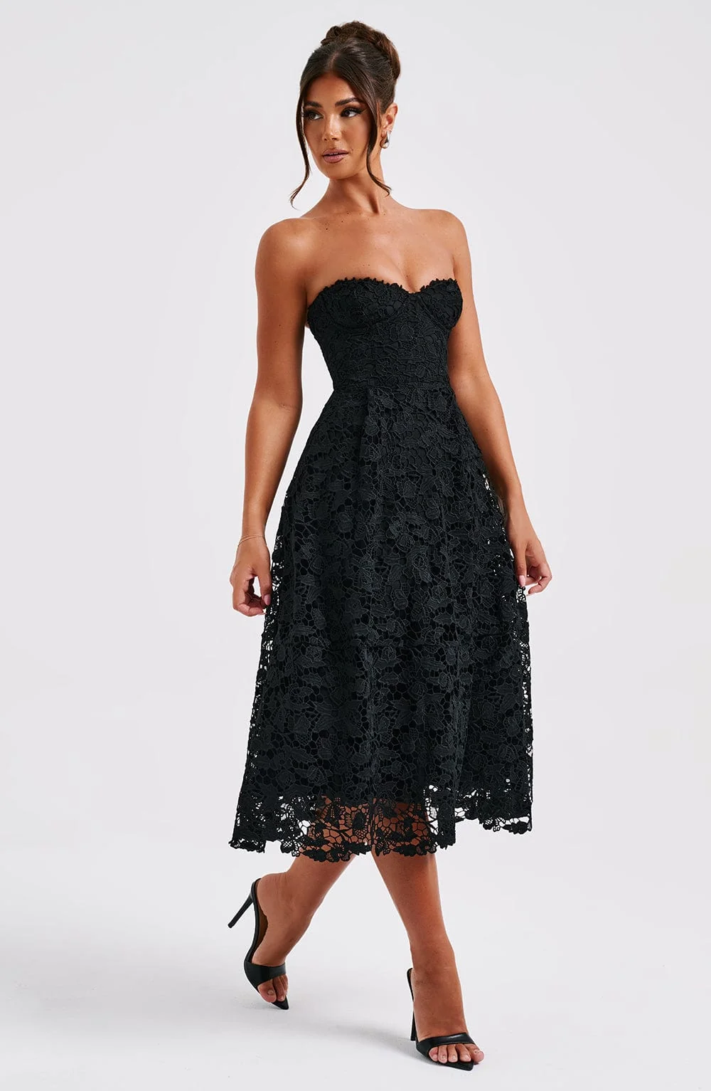 Elegant Black Lace Corset Bodice Midi Dress