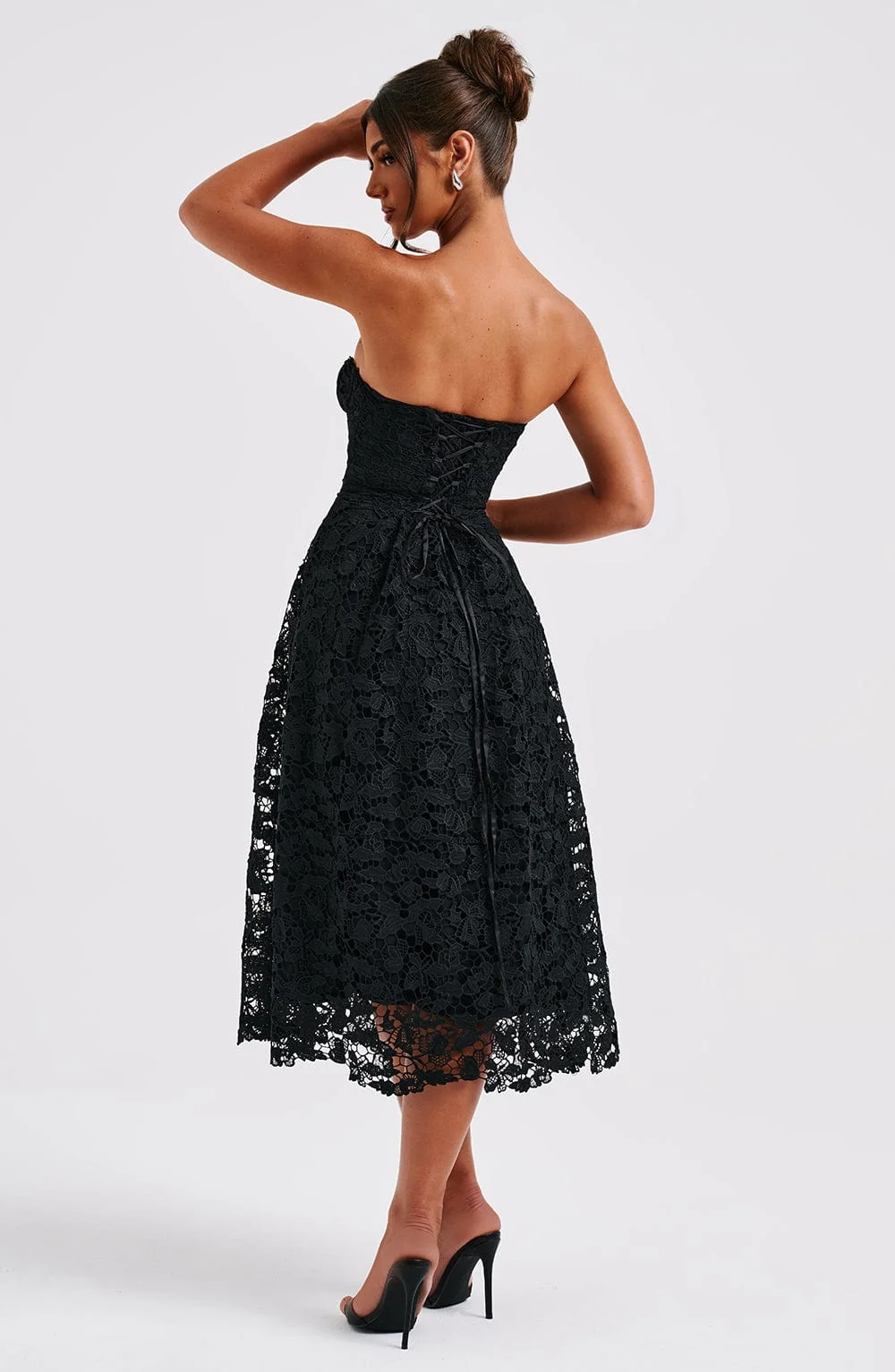 Elegant Black Lace Corset Bodice Midi Dress