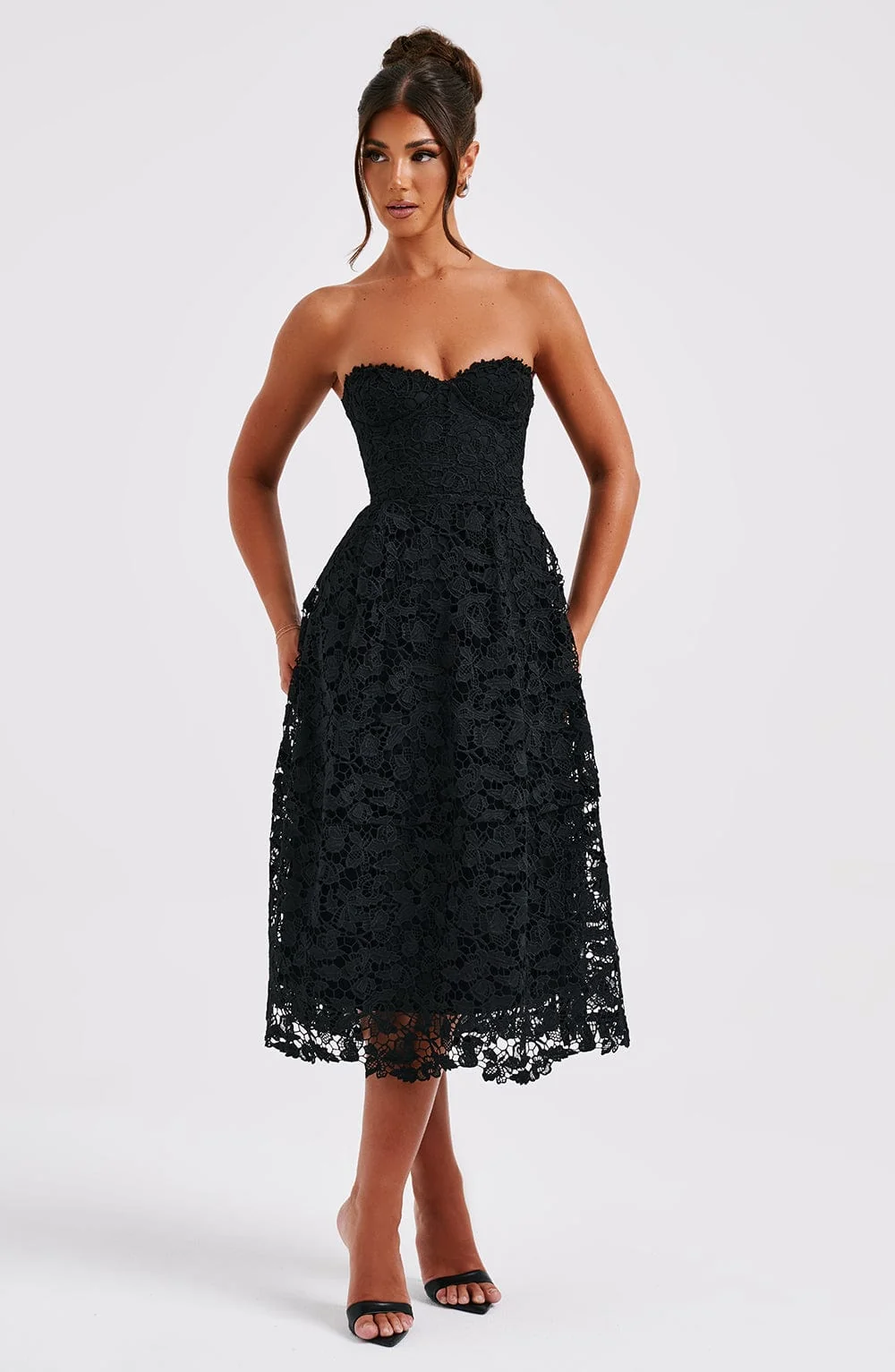 Elegant Black Lace Corset Bodice Midi Dress