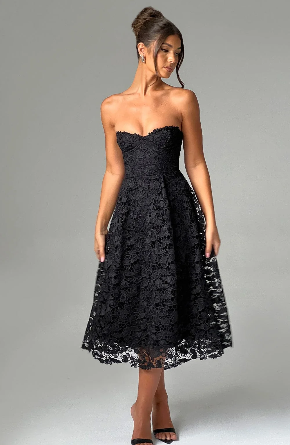 Elegant Black Lace Corset Bodice Midi Dress