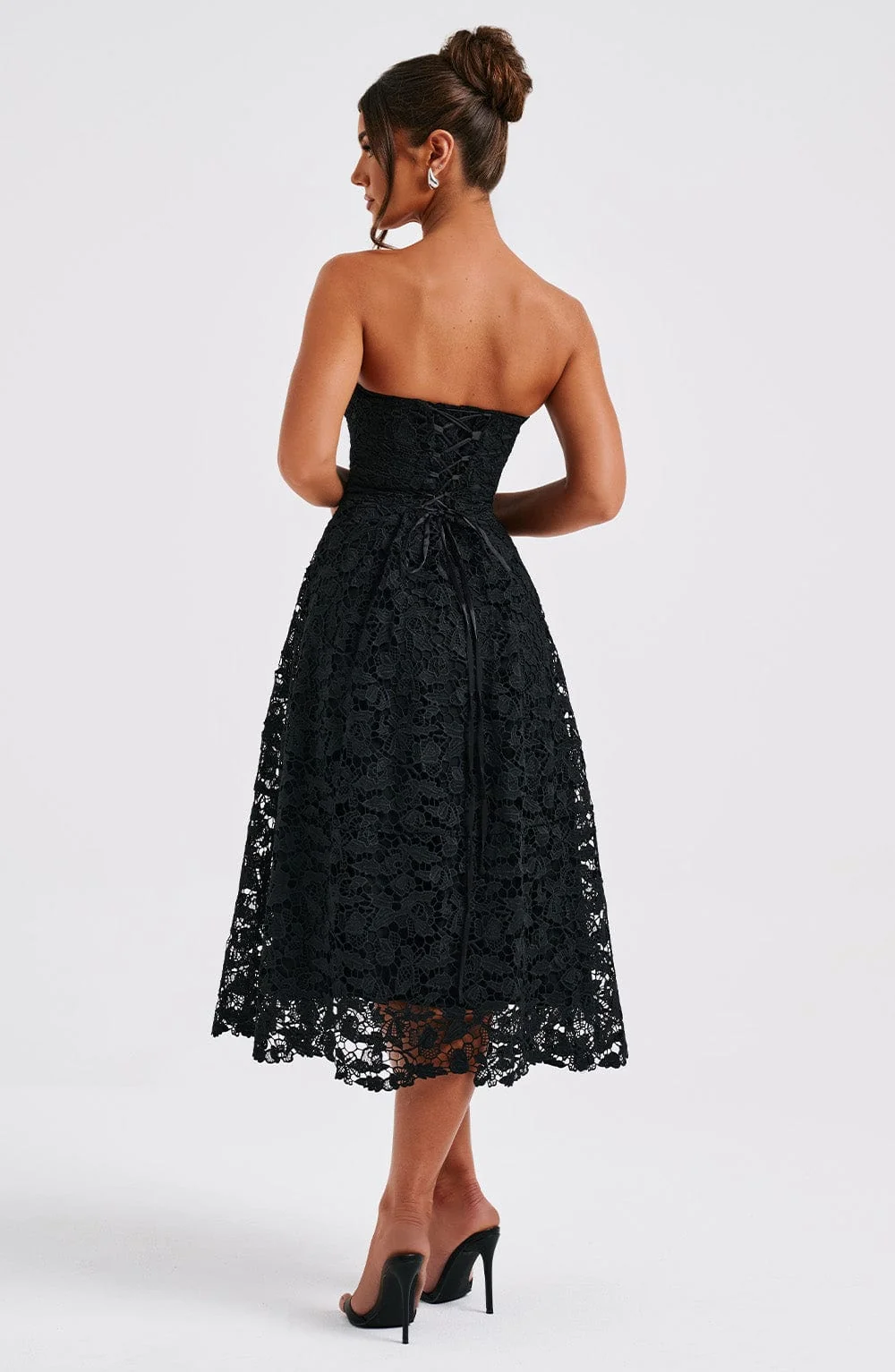 Elegant Black Lace Corset Bodice Midi Dress