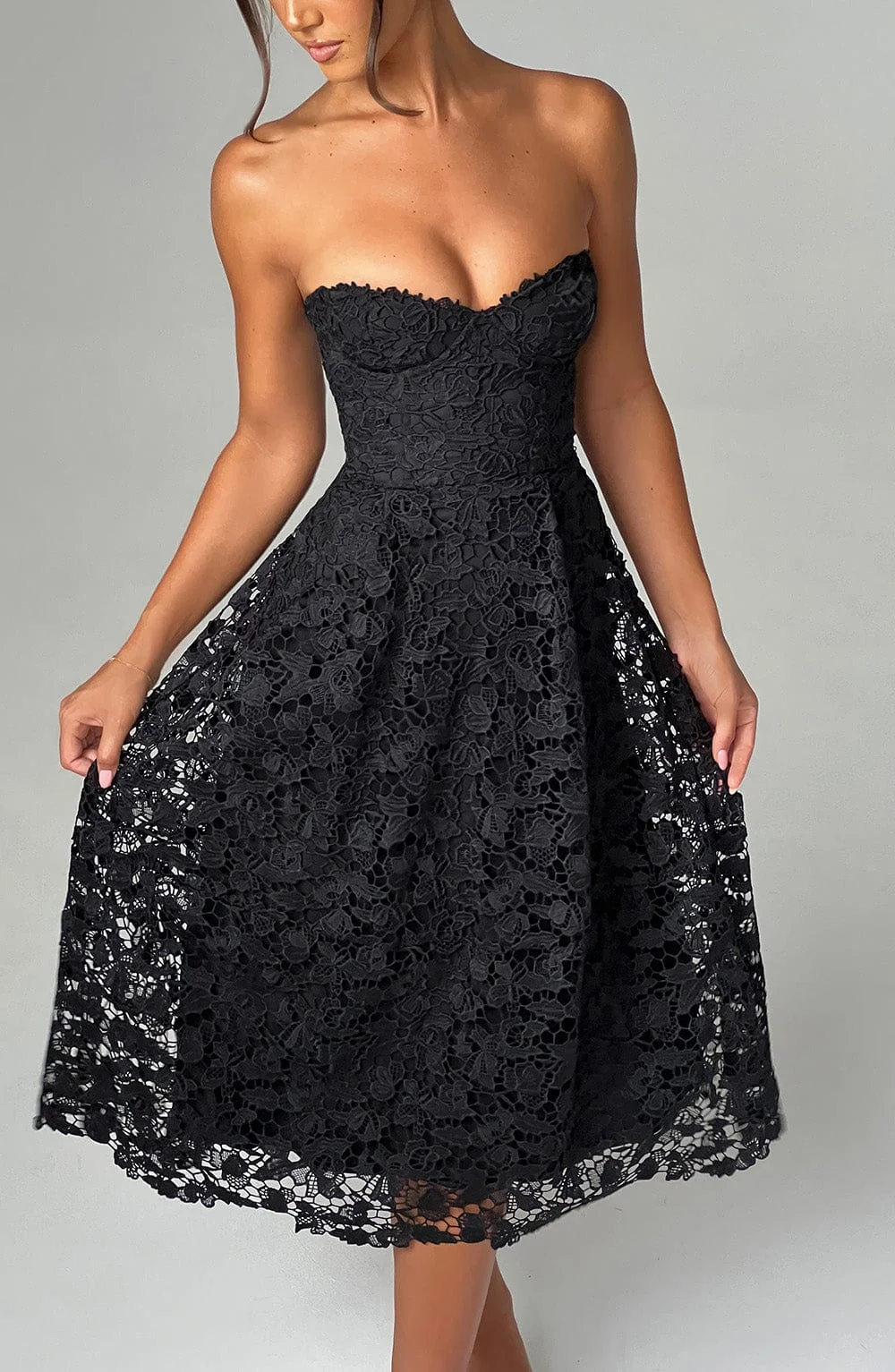 Elegant Black Lace Corset Bodice Midi Dress