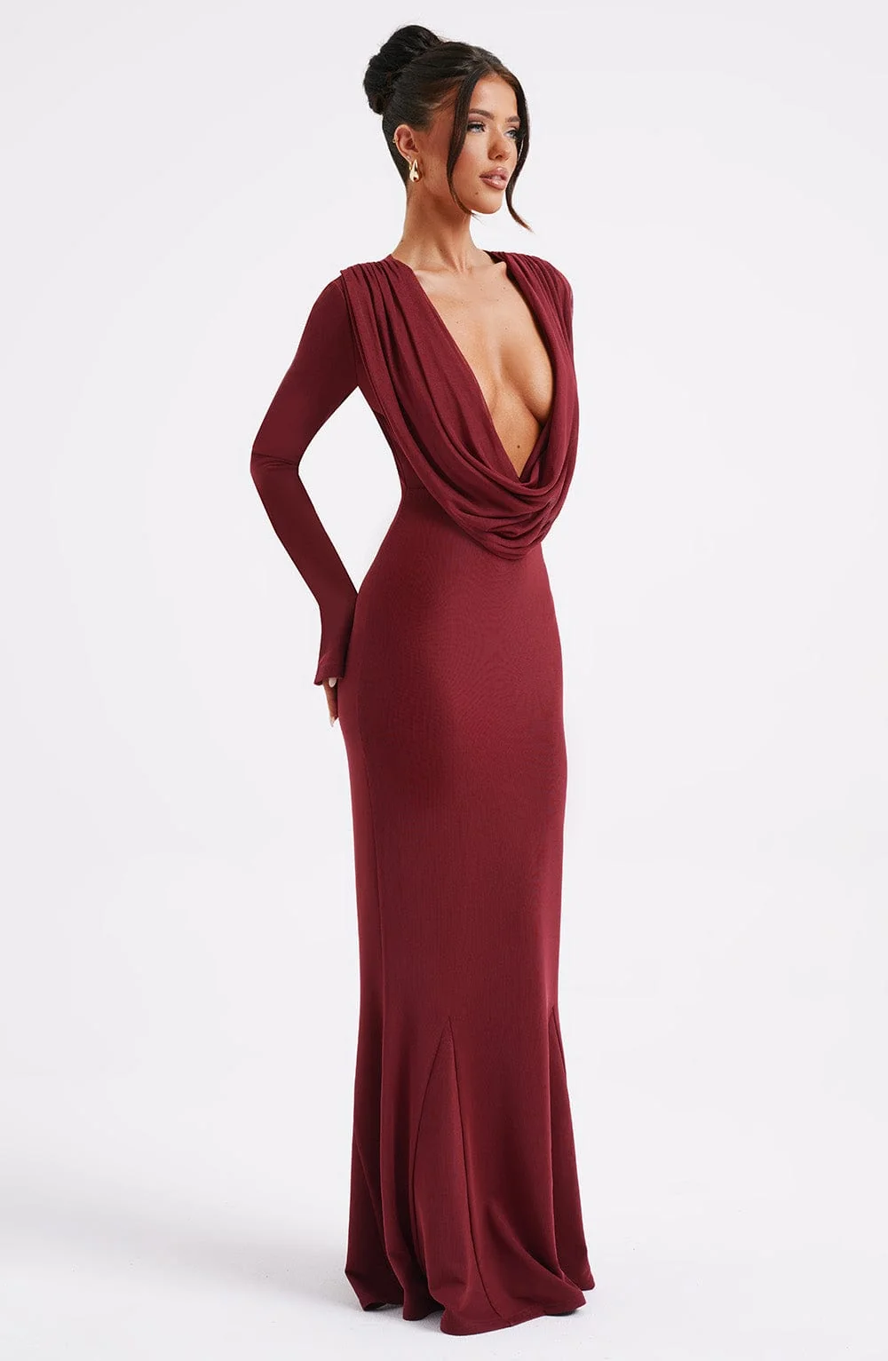 Burgundy Mesh Draped Plunge Neckline Maxi Dress