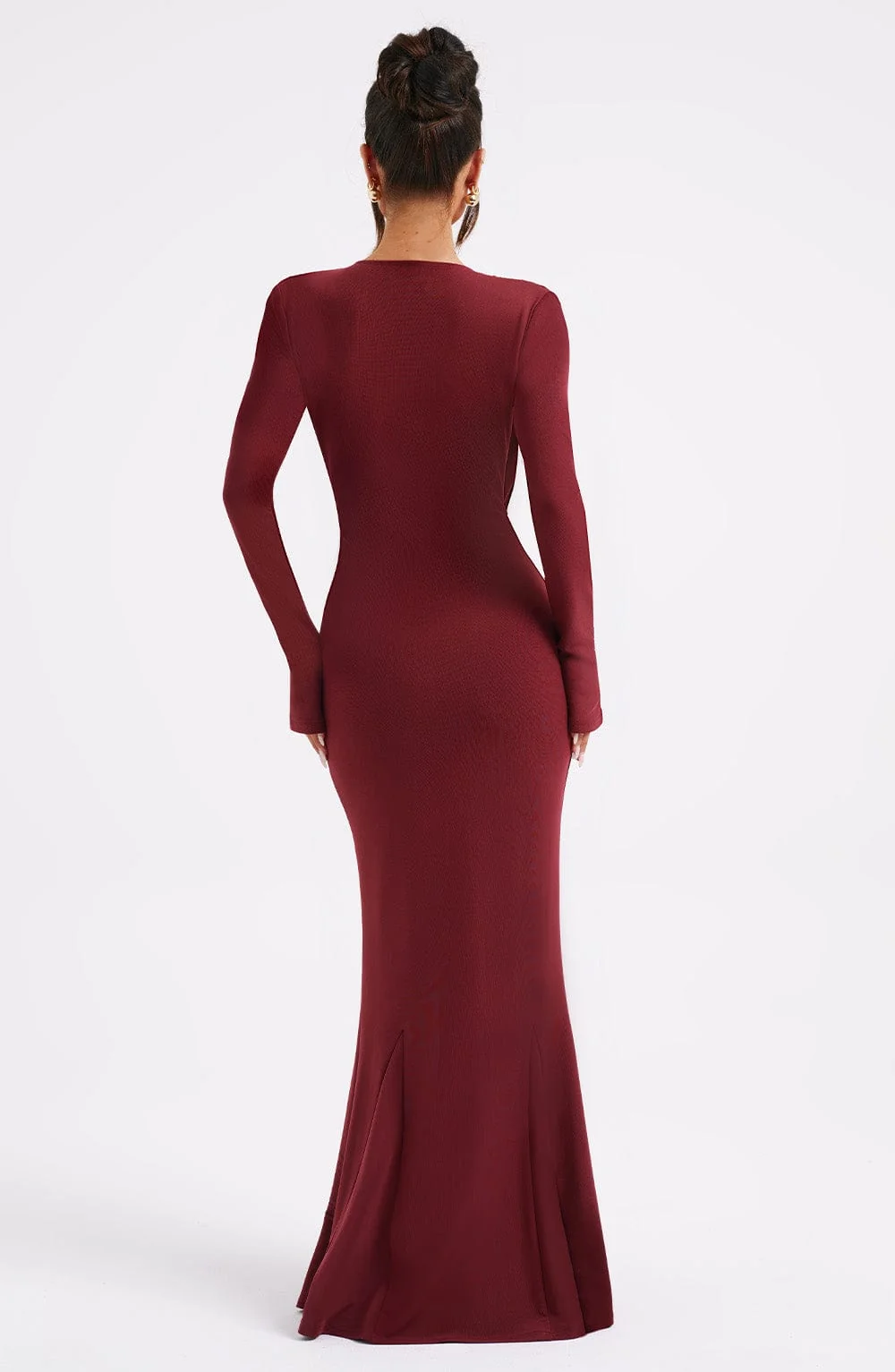 Burgundy Mesh Draped Plunge Neckline Maxi Dress
