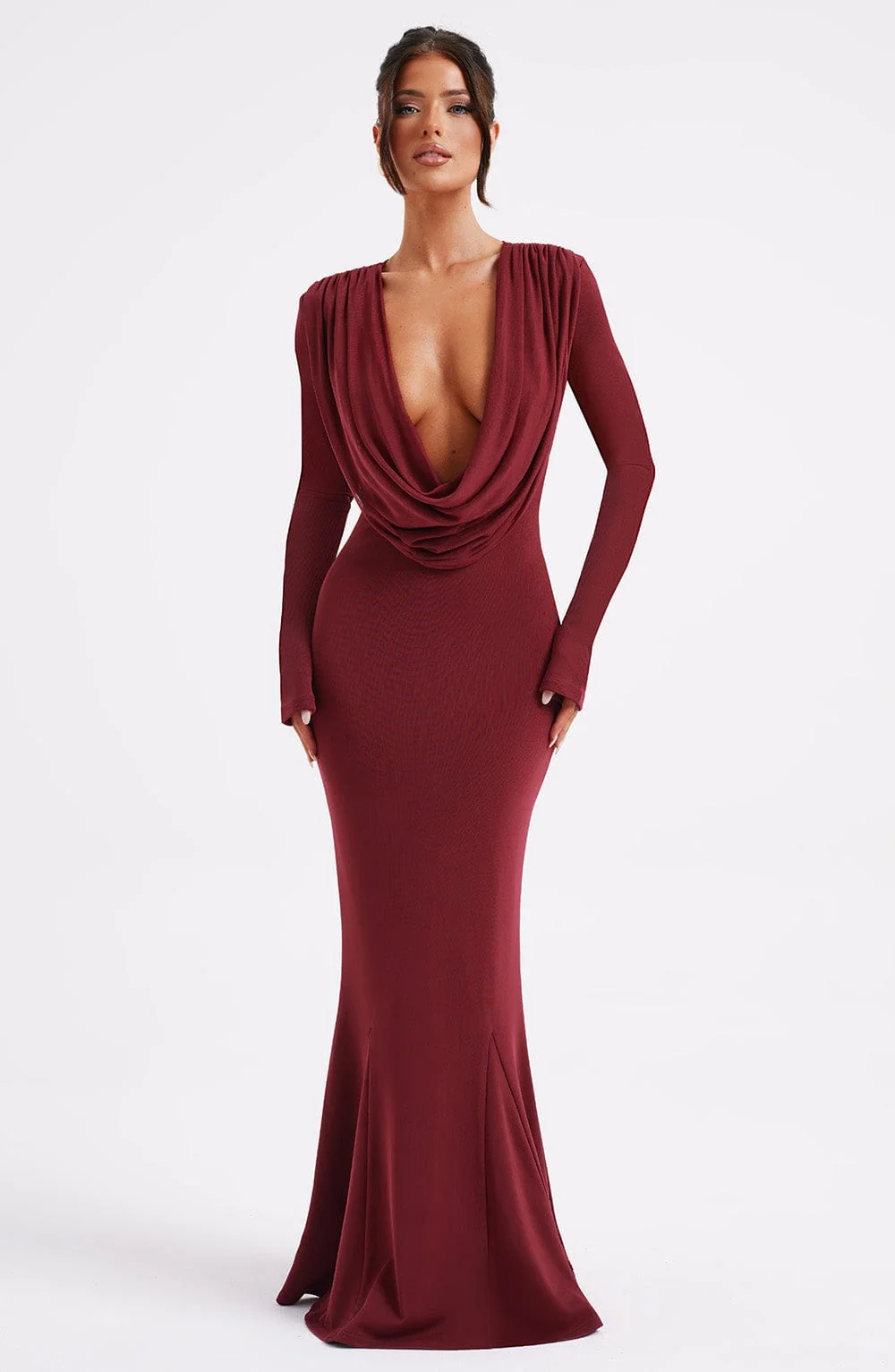 Burgundy Mesh Draped Plunge Neckline Maxi Dress