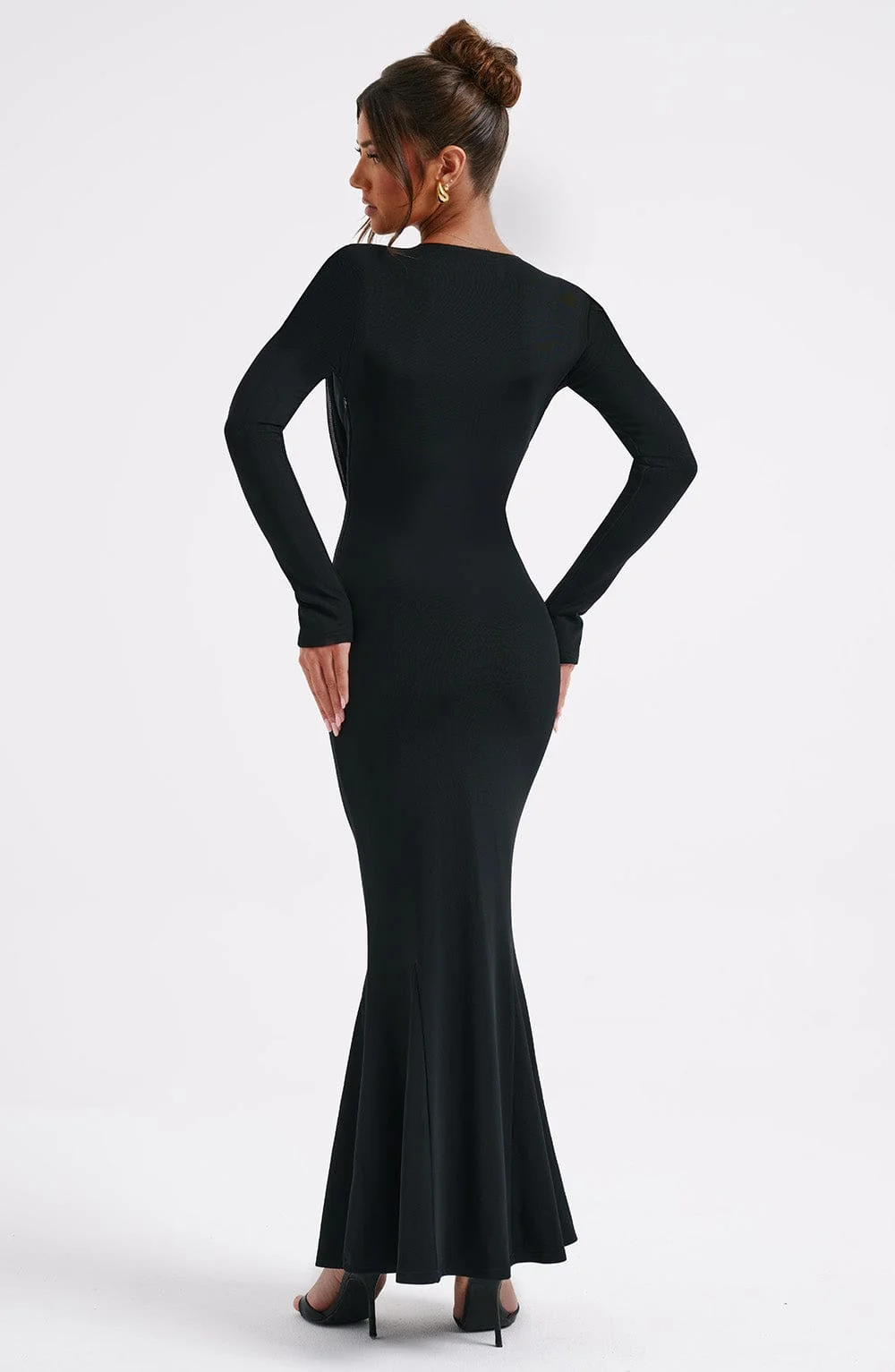 Black Maxi Dress with Long Sleeves and Plunge Neckline