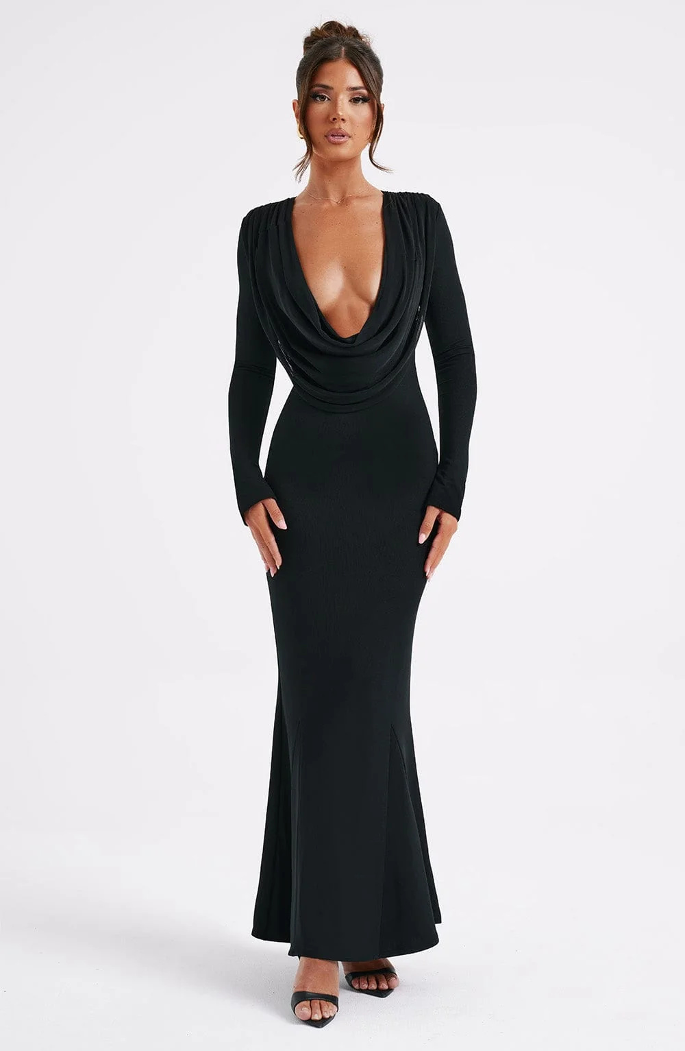 Black Maxi Dress with Long Sleeves and Plunge Neckline