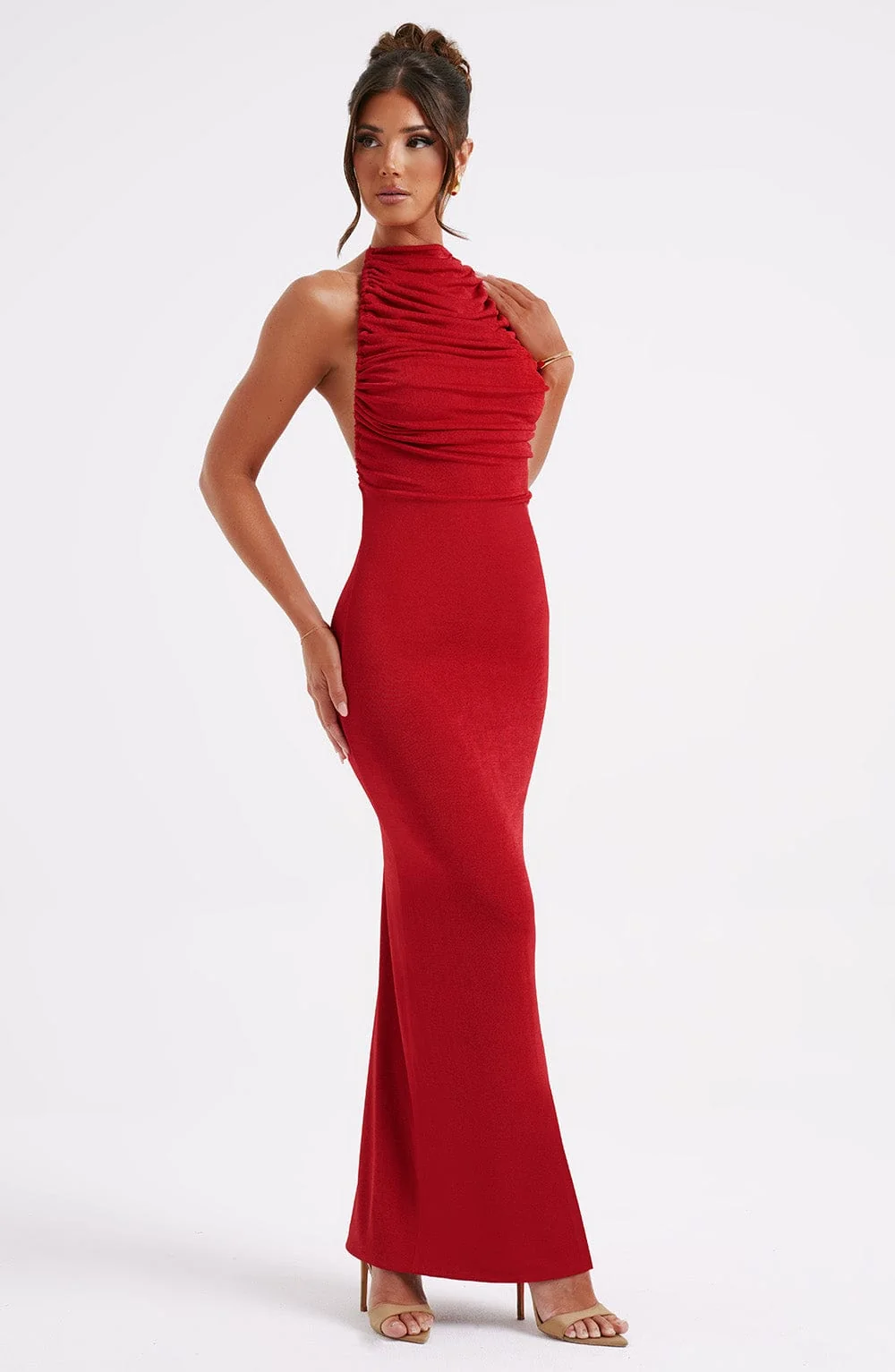 Red Ruched High Neck Maxi Dress - Premium Double Layered Jersey