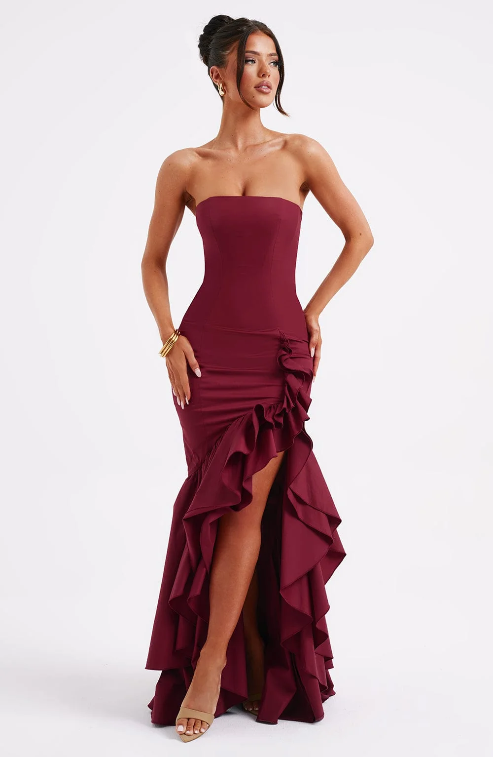 Burgundy Strapless Maxi Dress - Premium Cotton Blend Fabric