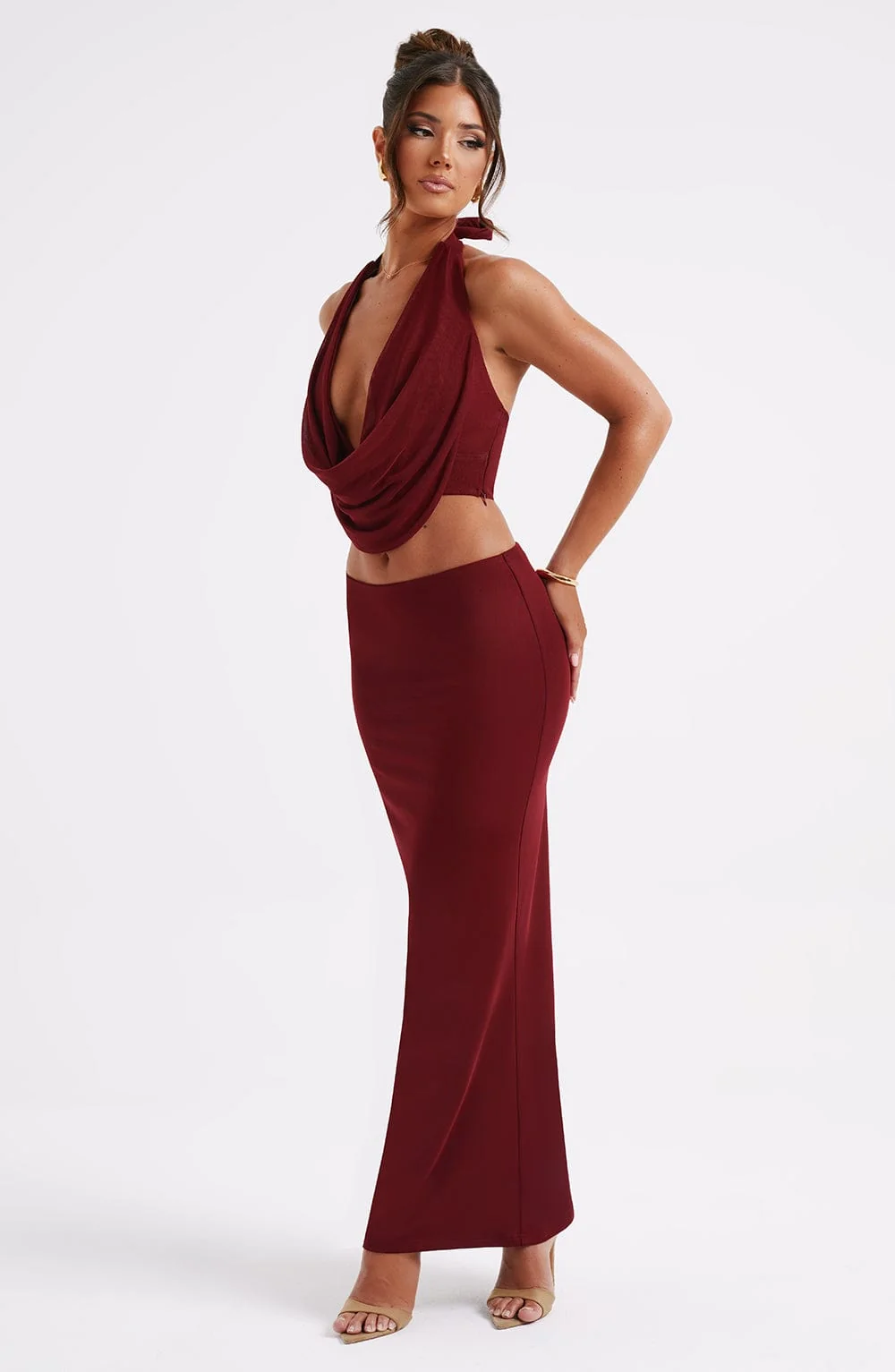 Burgundy Bodycon Maxi Skirt - Premium Stretch Mesh