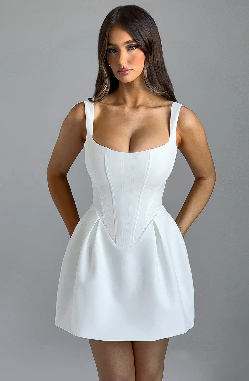 Ivory Corseted Mini Dress with Voluminous Skirt