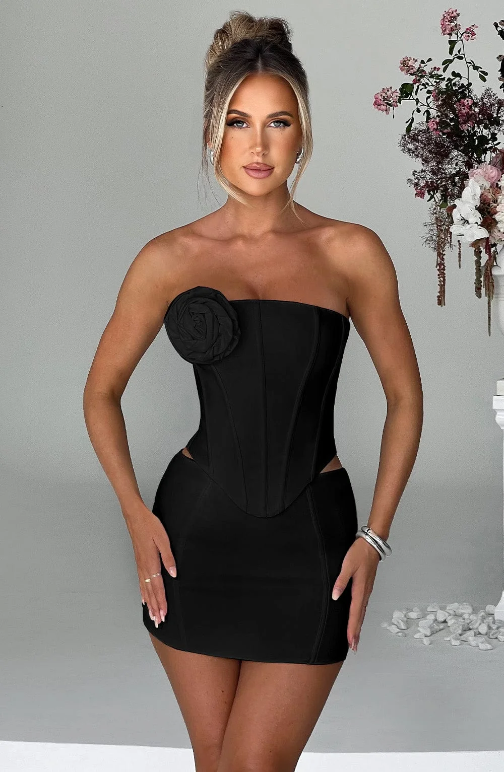 Black Stretch Bengaline Corset Top with Removable Flower - Womens Strapless Crop