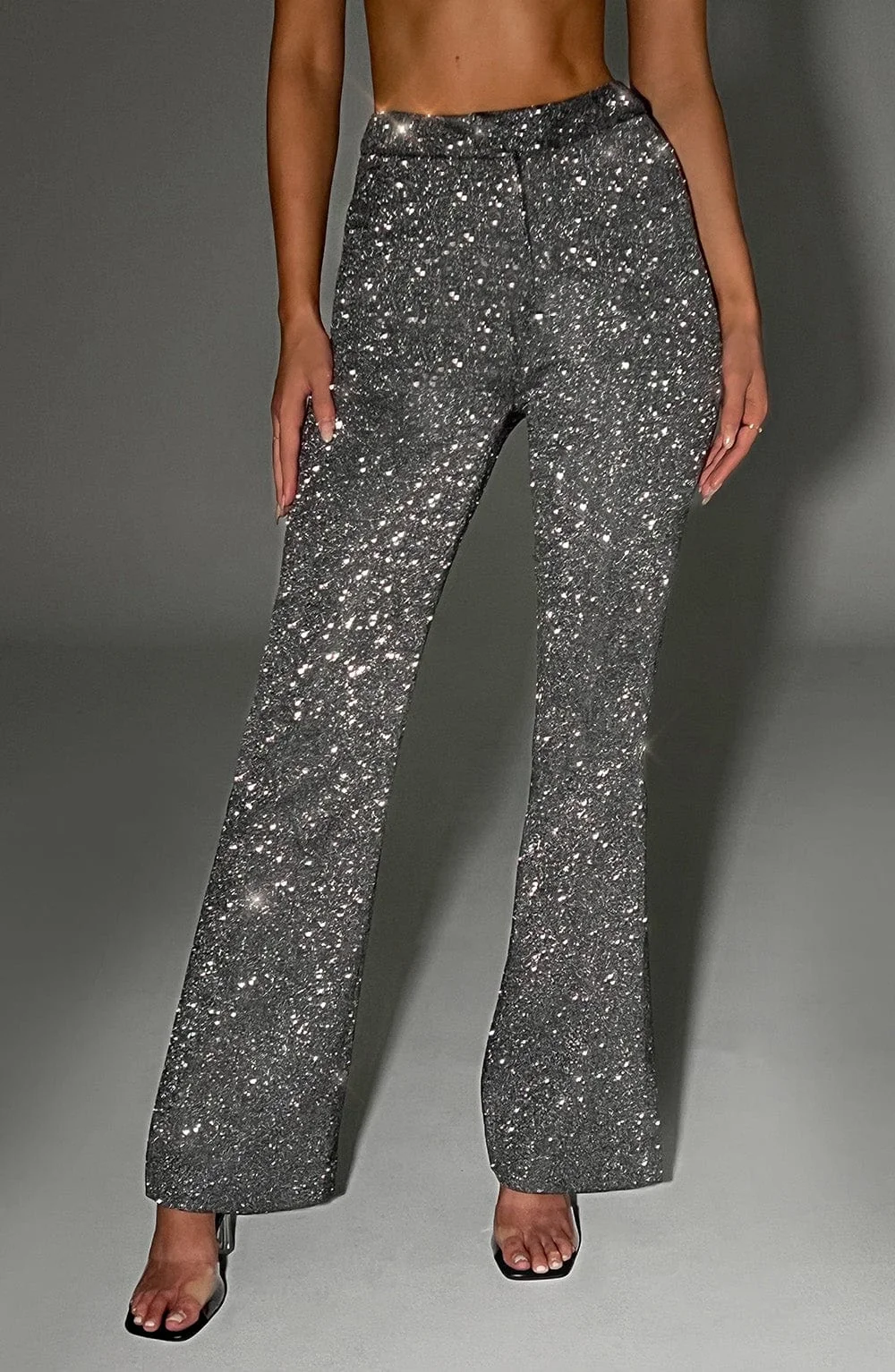Grey Sparkle High-Waisted Flare Pants - Luxe Suiting Fabric