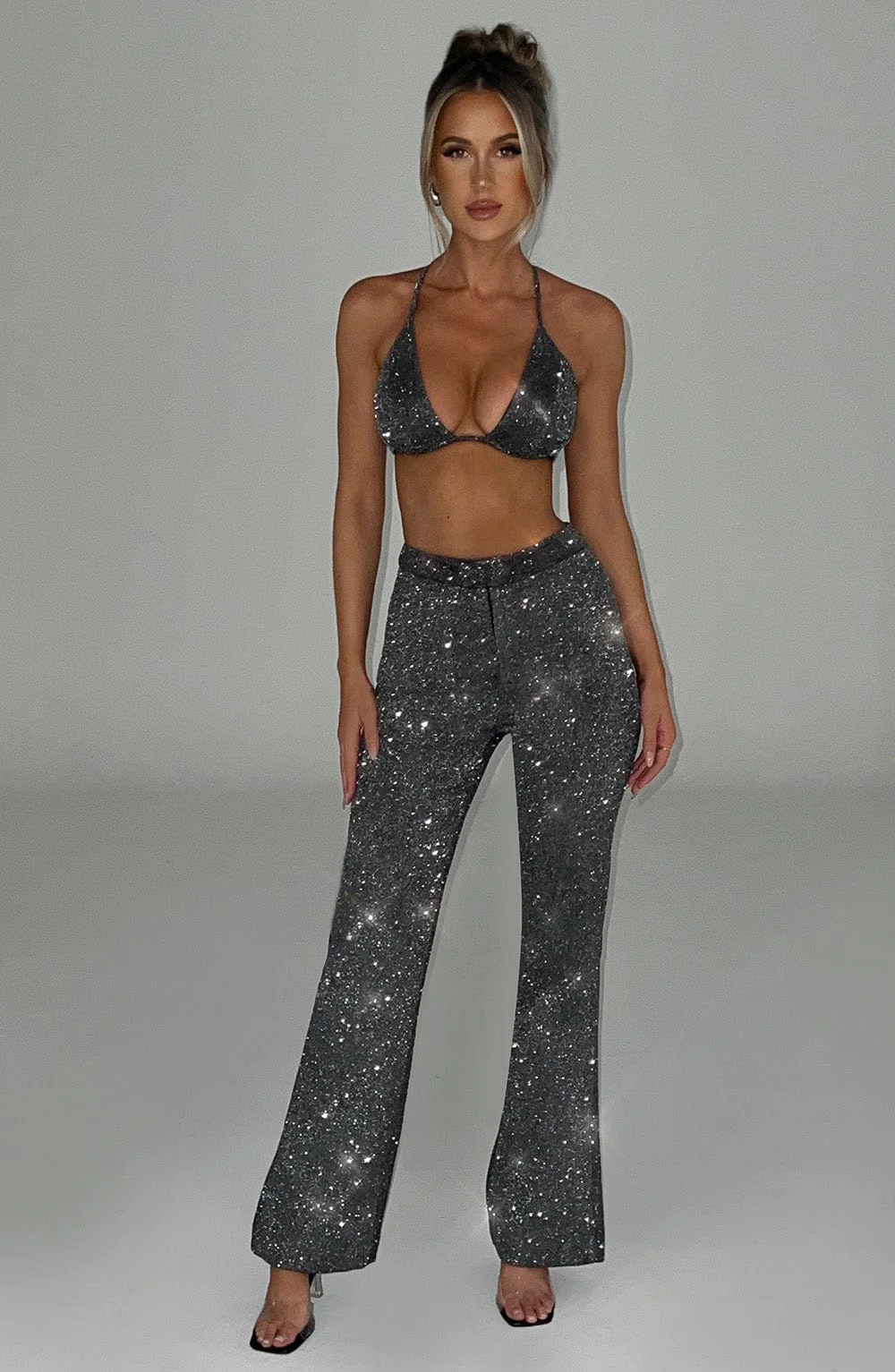 Grey Sparkle High-Waisted Flare Pants - Luxe Suiting Fabric