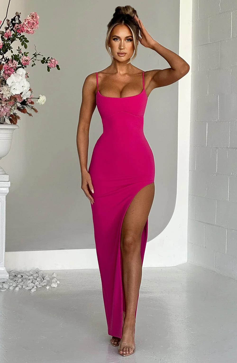 Hot Pink Maxi Dress - Premium Crepe Fabric, Double Layered, Elegant Design