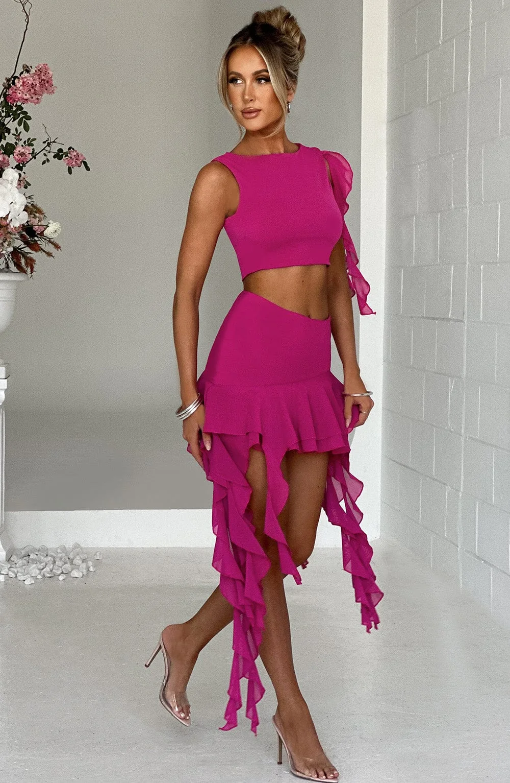 Mesh High Neck Ruffled Crop Top in Hot Pink