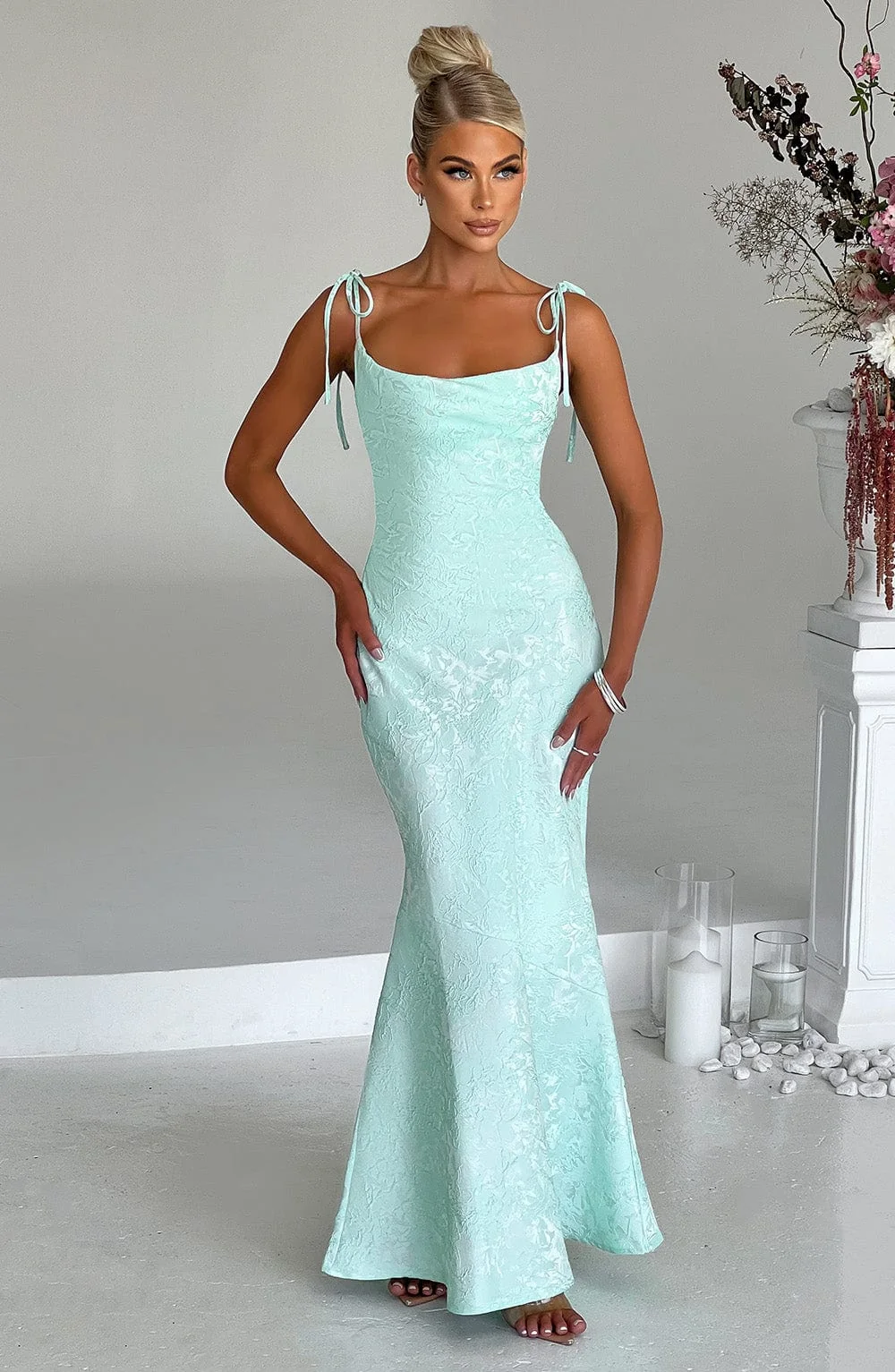 Romantic Mint Floral Jacquard Maxi Dress with Cowl Neck