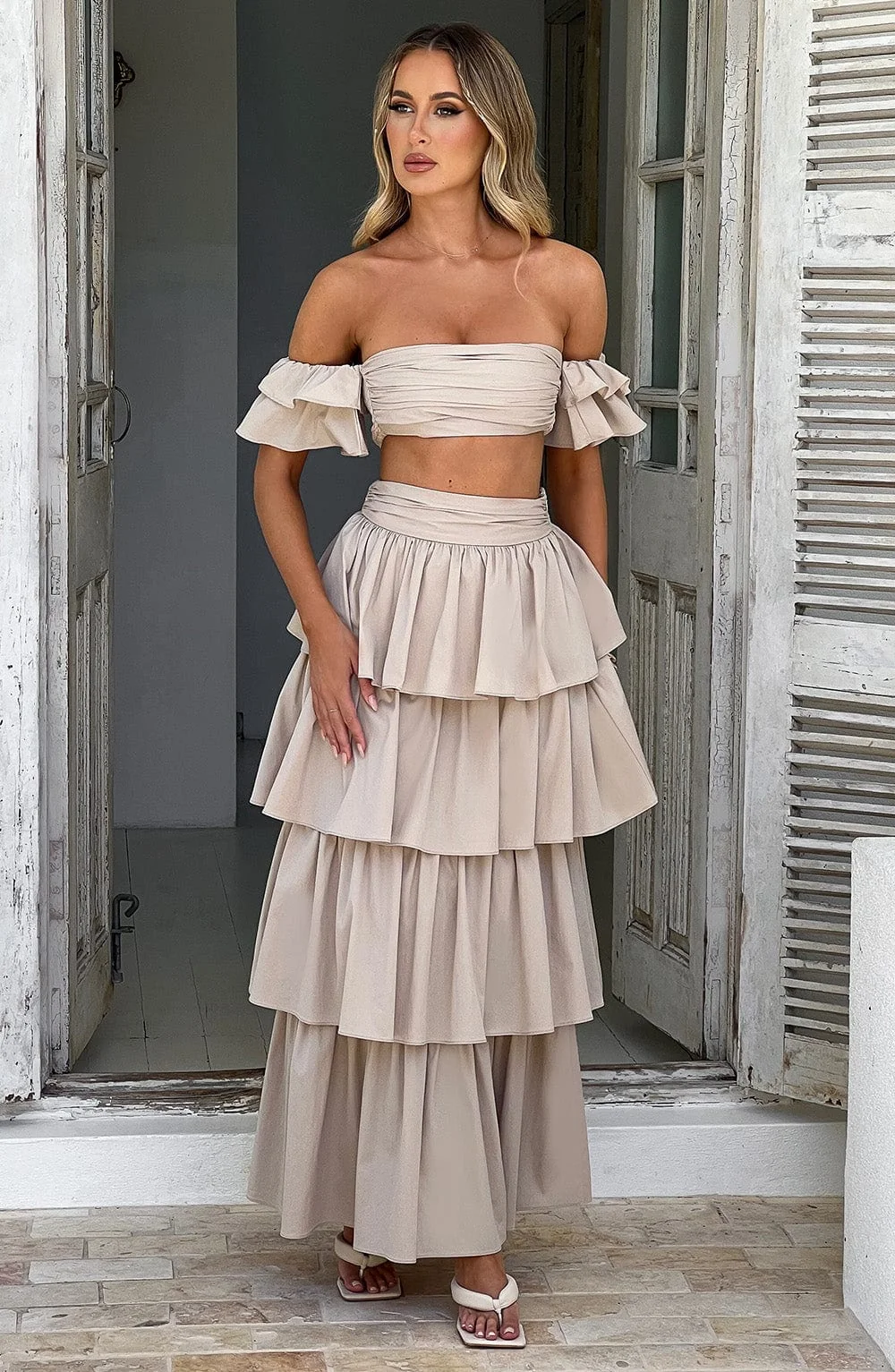 Beige Ruffle Maxi Skirt with High Waist Cinch