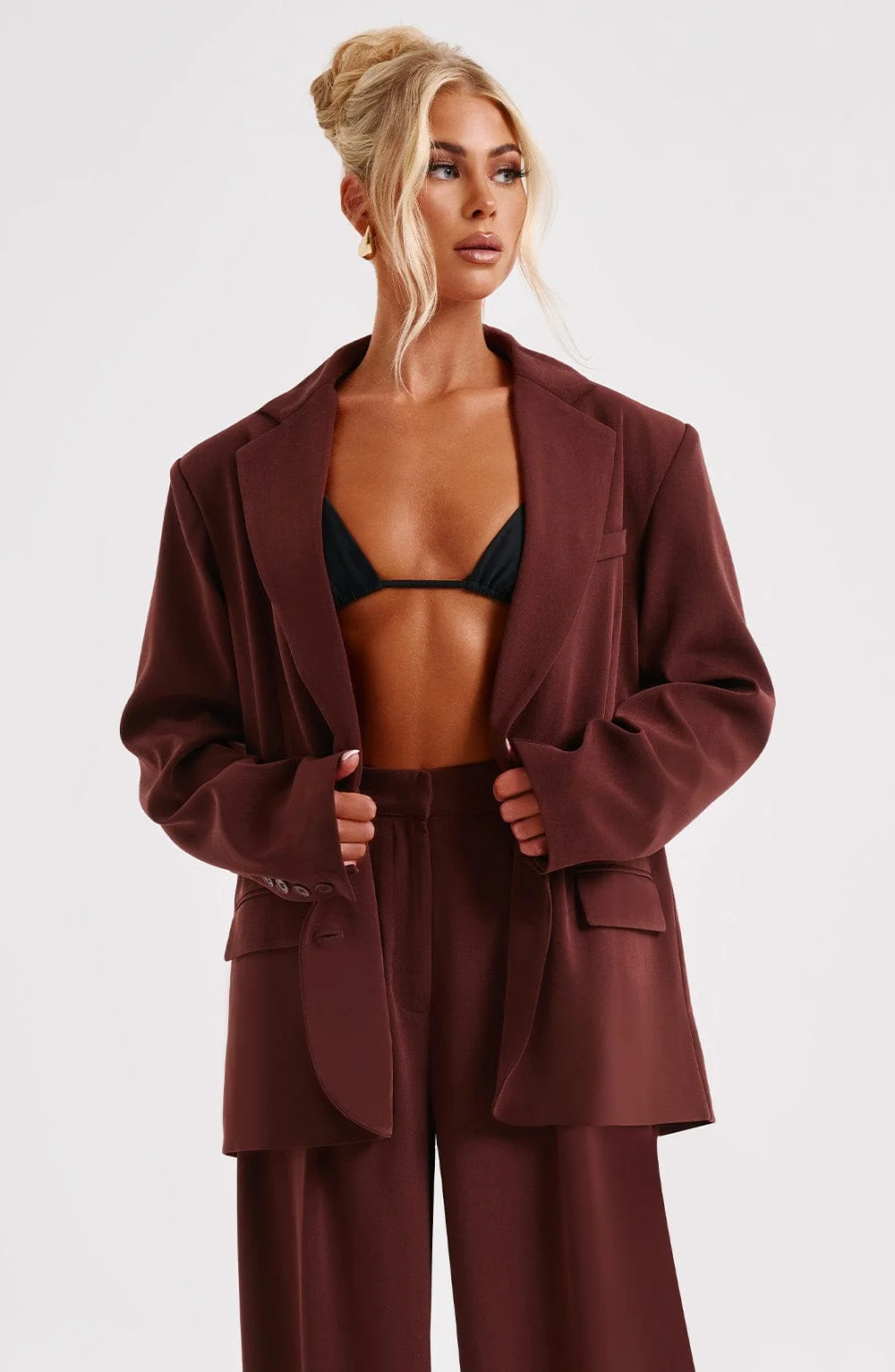 Brown Oversized Tailored Jacket with Lapel Collar