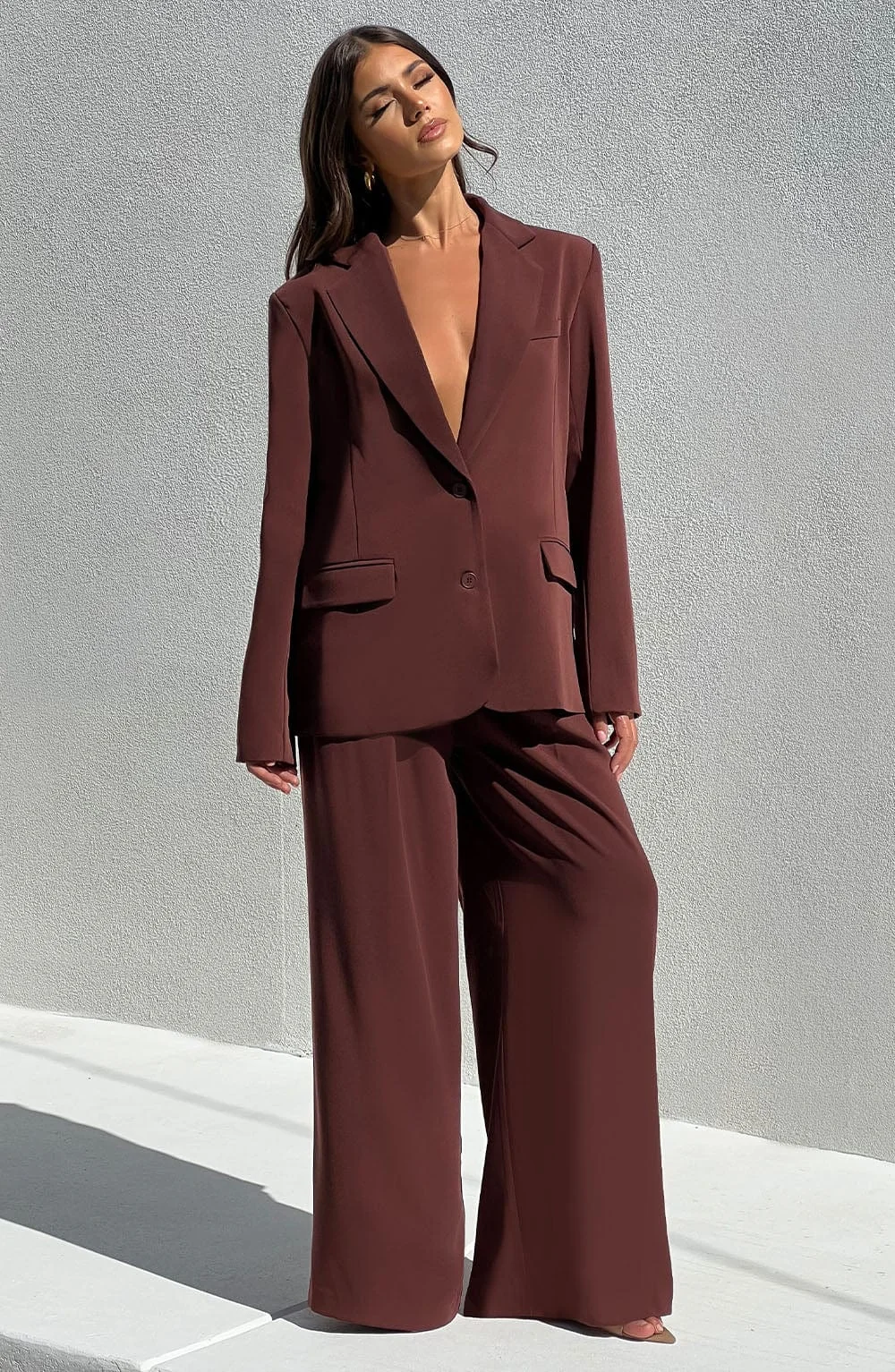 Brown Oversized Tailored Jacket with Lapel Collar