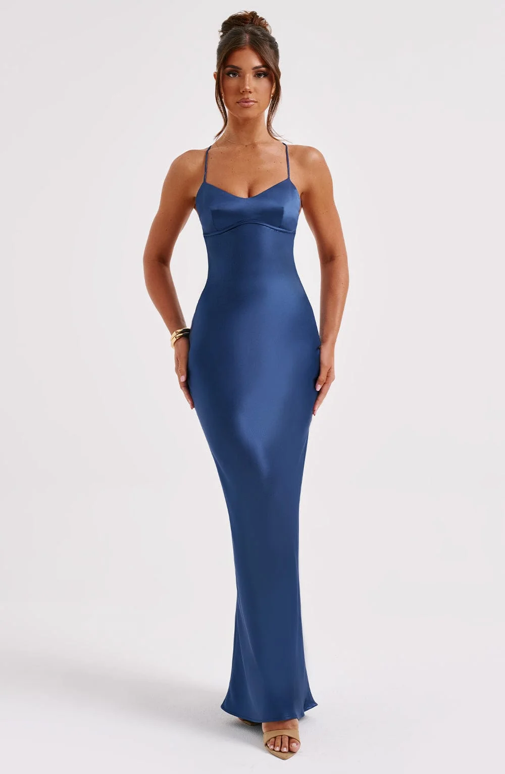 Navy Satin Maxi Dress with Low Back Detail