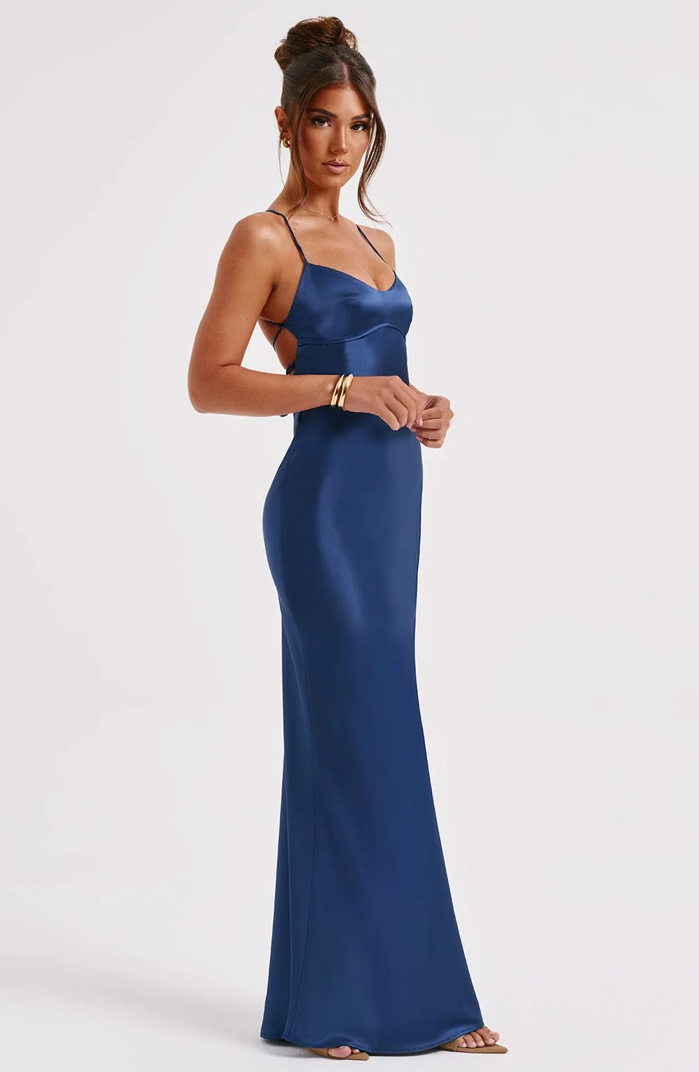 Navy Satin Maxi Dress with Low Back Detail