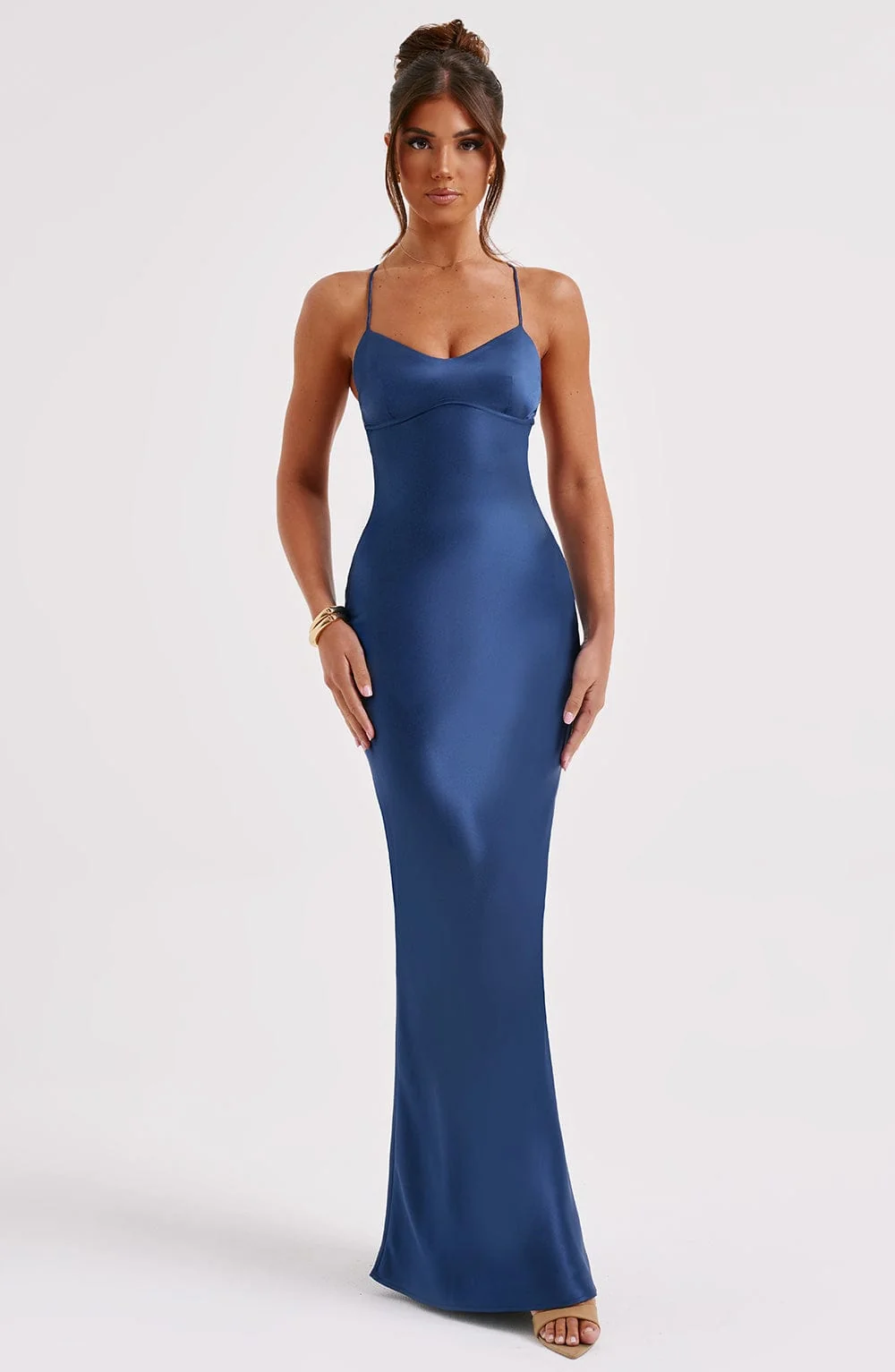Navy Satin Maxi Dress with Low Back Detail