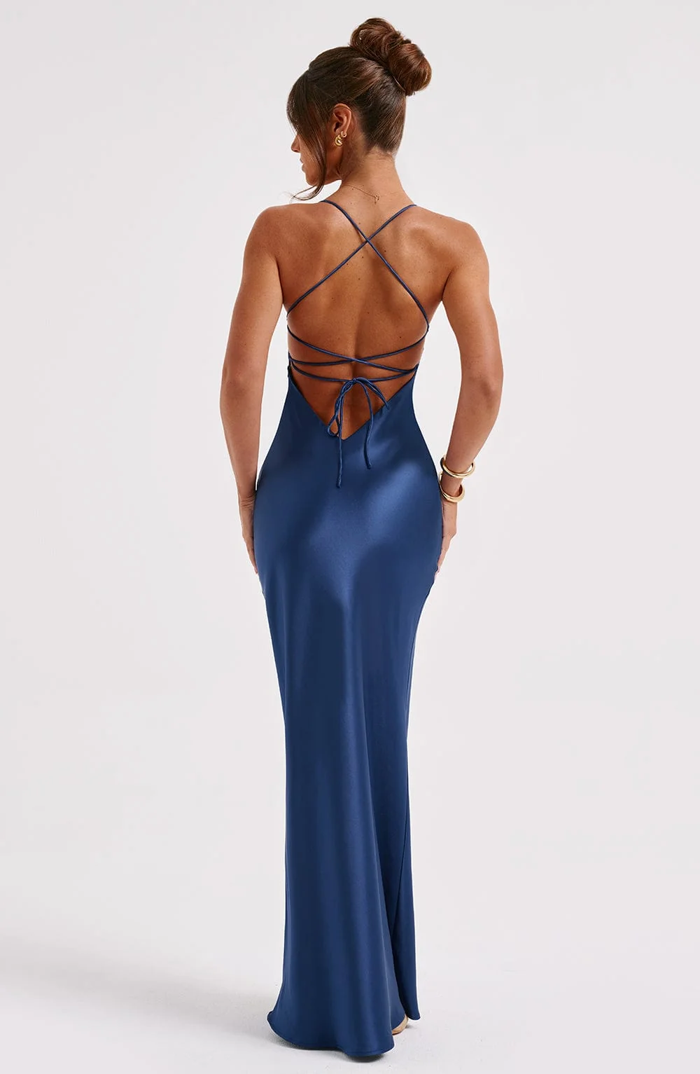 Navy Satin Maxi Dress with Low Back Detail