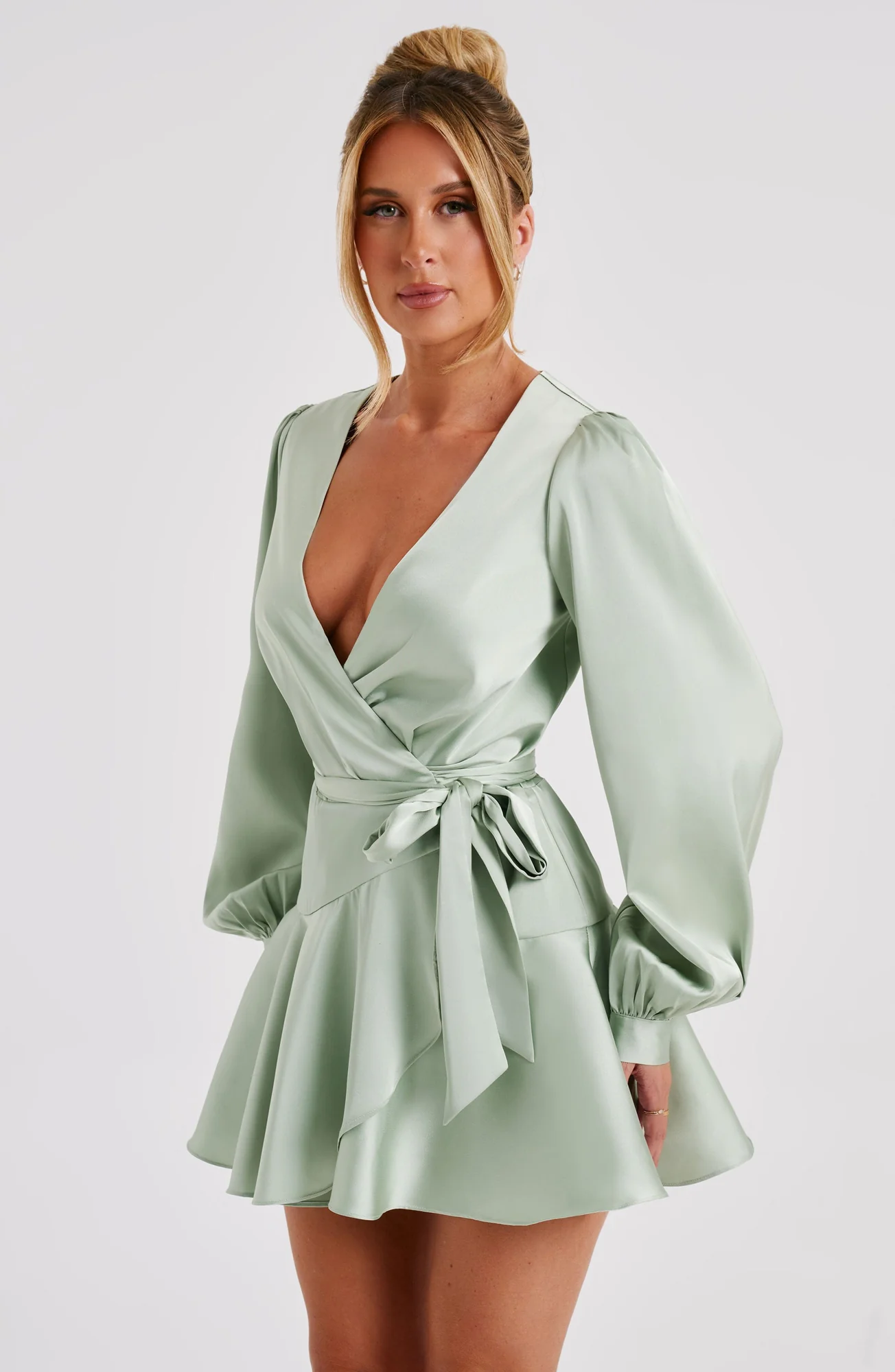 Sage Wraparound Flared Mini Dress