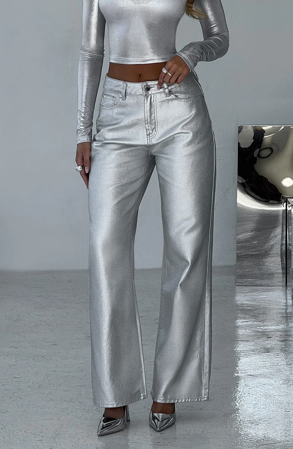 Silver Coated Denim Wide Leg Pants - Glamorous Relaxed Fit (Silver)