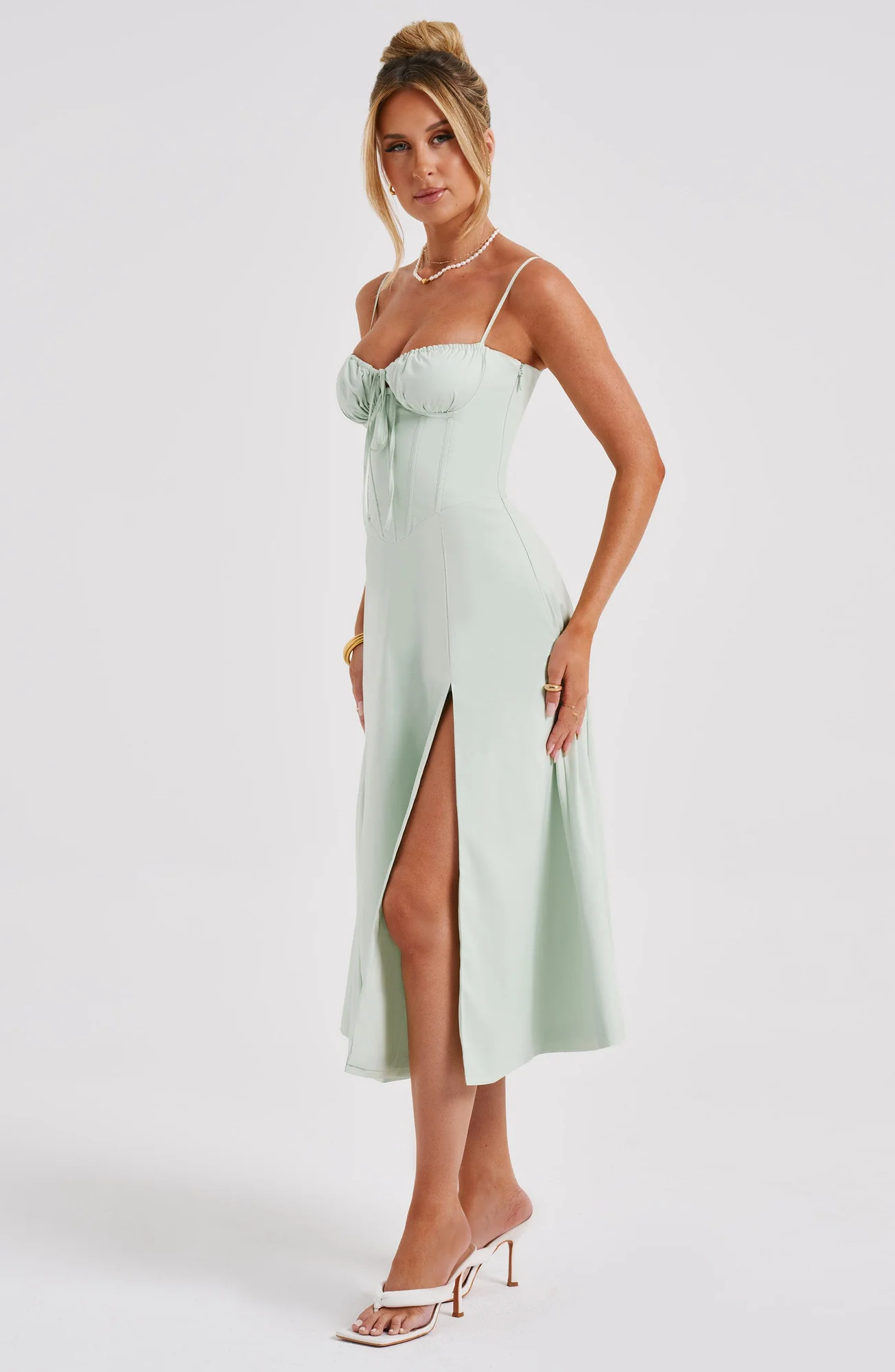 Sage Corseted Midi Dress - Premium Woven Cotton Blend