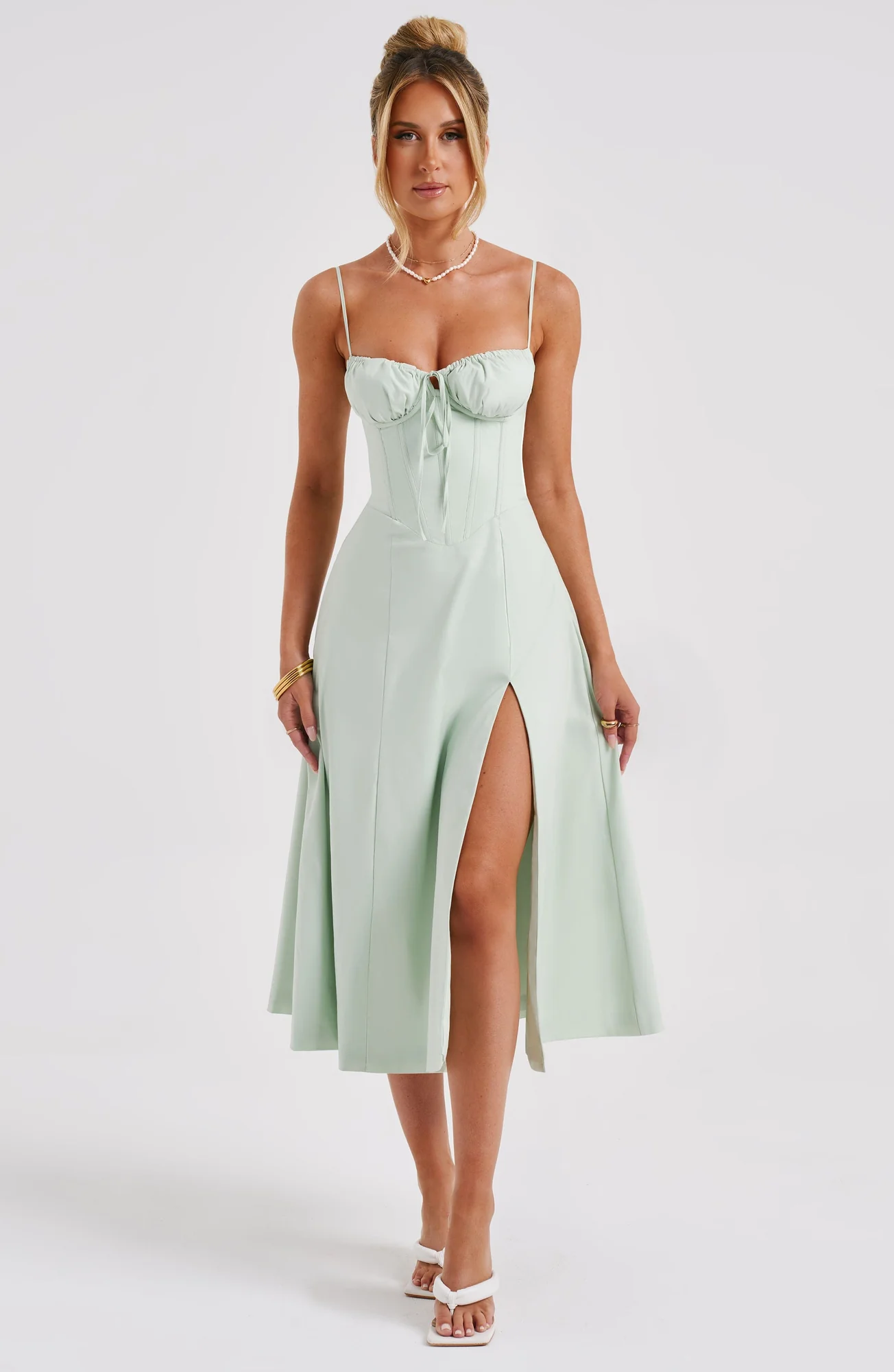 Sage Corseted Midi Dress - Premium Woven Cotton Blend