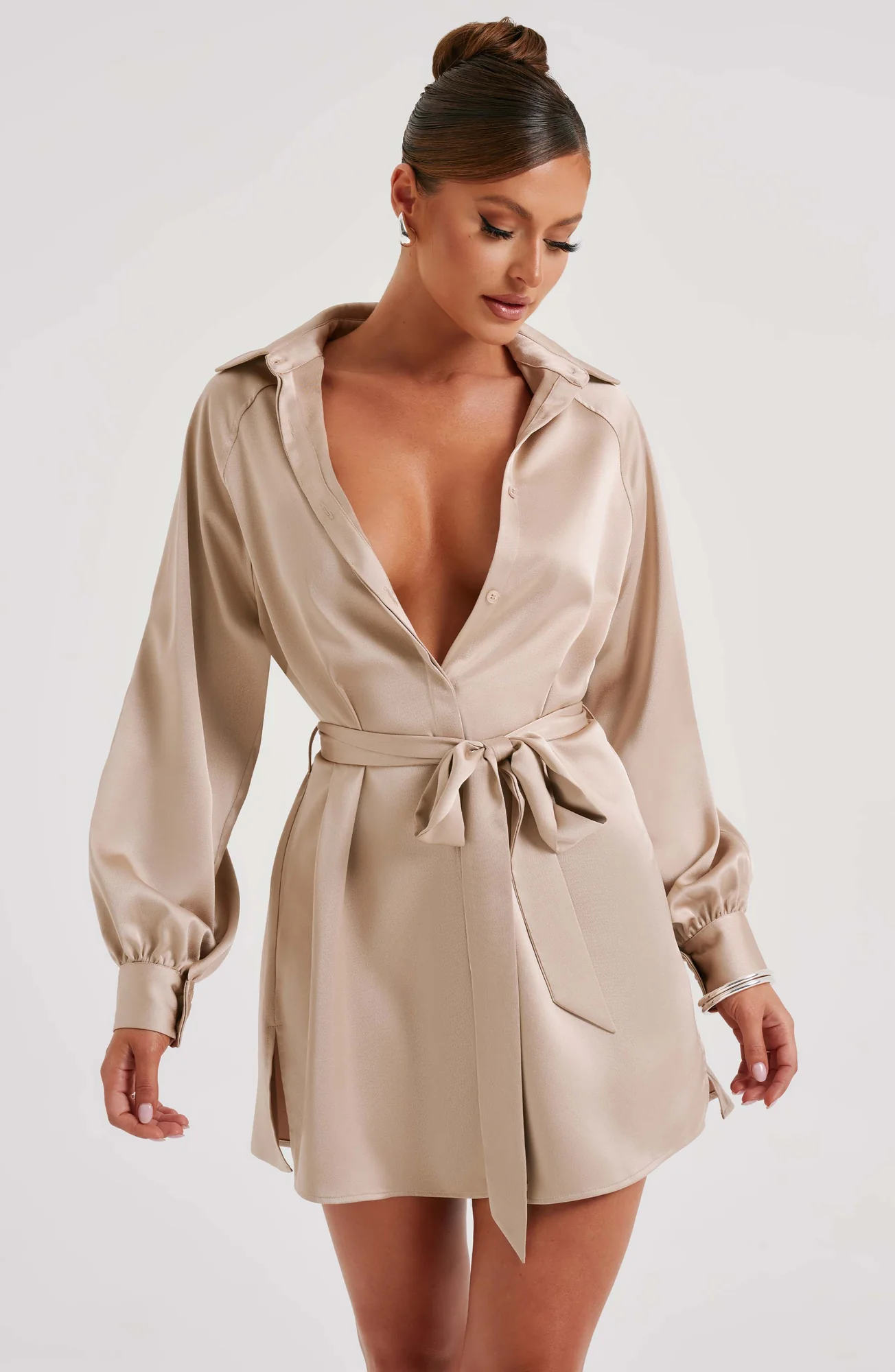 Champagne Flowy Mini Dress with Exaggerated Sleeves