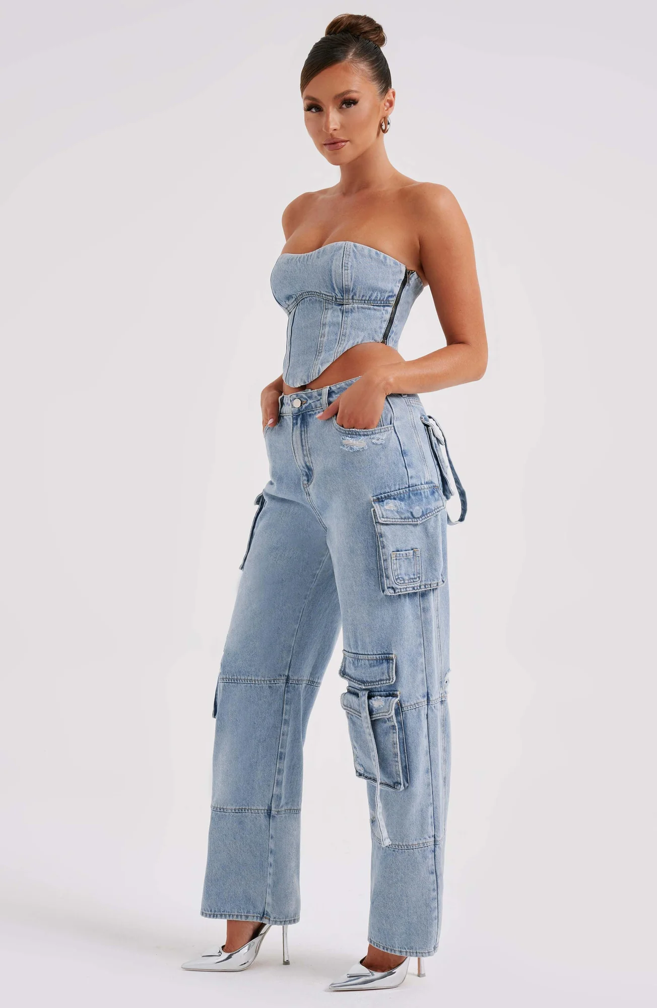 Blue Cargo Pants - Stylish Wide Leg Denim Trousers