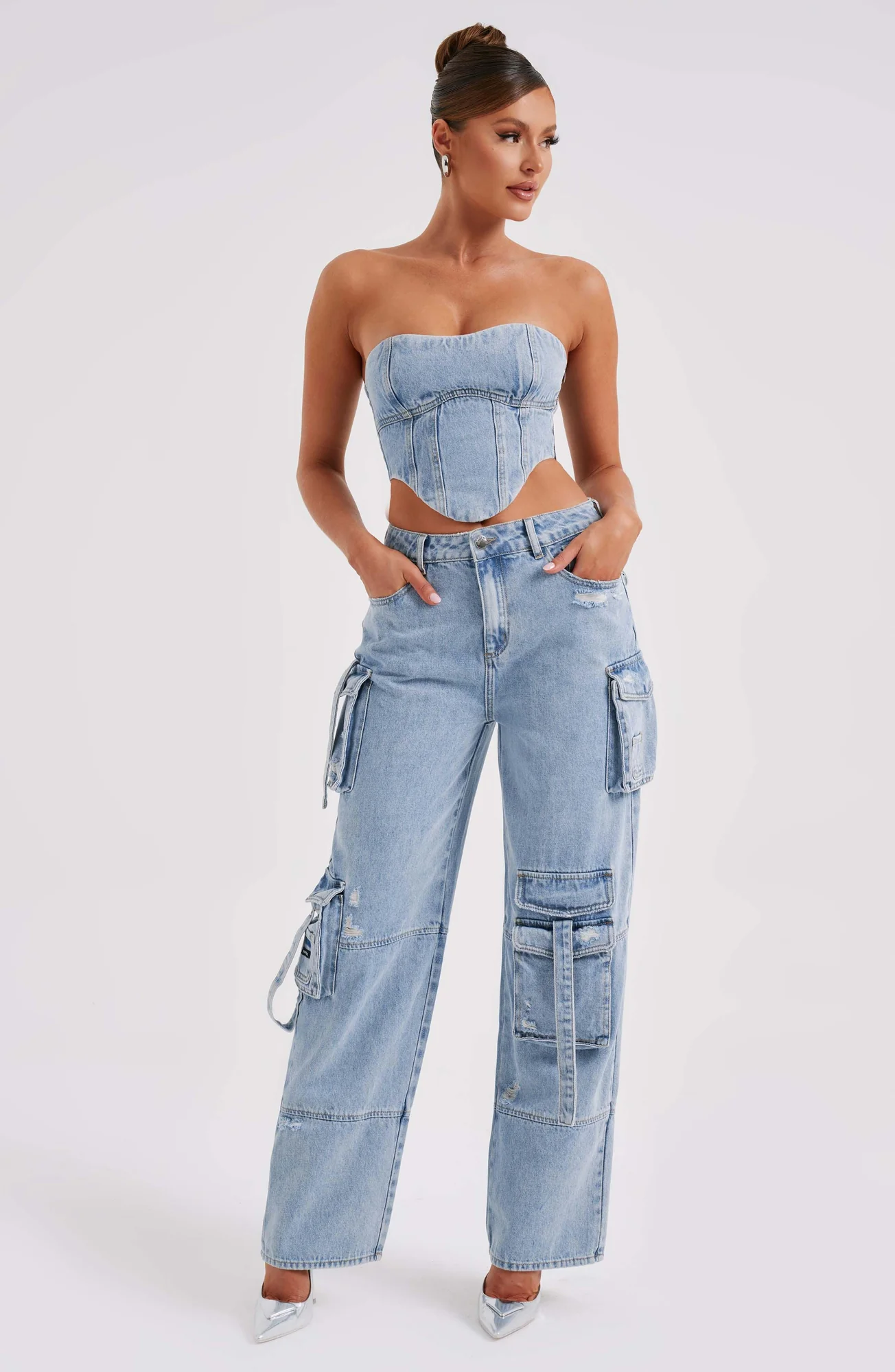 Blue Cargo Pants - Stylish Wide Leg Denim Trousers