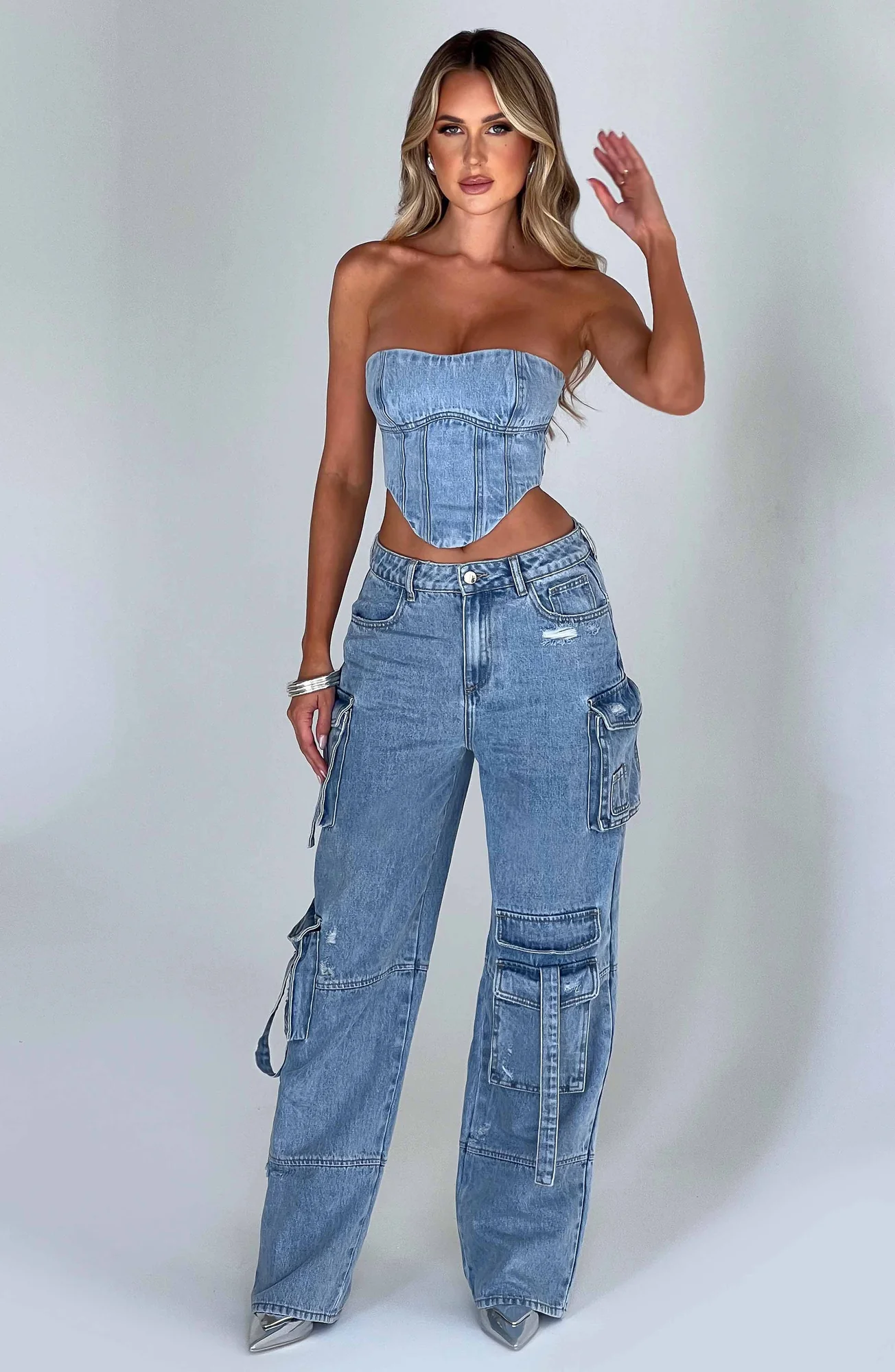 Blue Cargo Pants - Stylish Wide Leg Denim Trousers