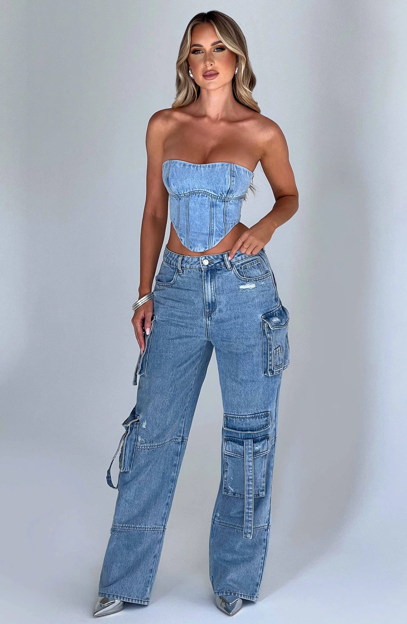 Blue Cargo Pants - Stylish Wide Leg Denim Trousers