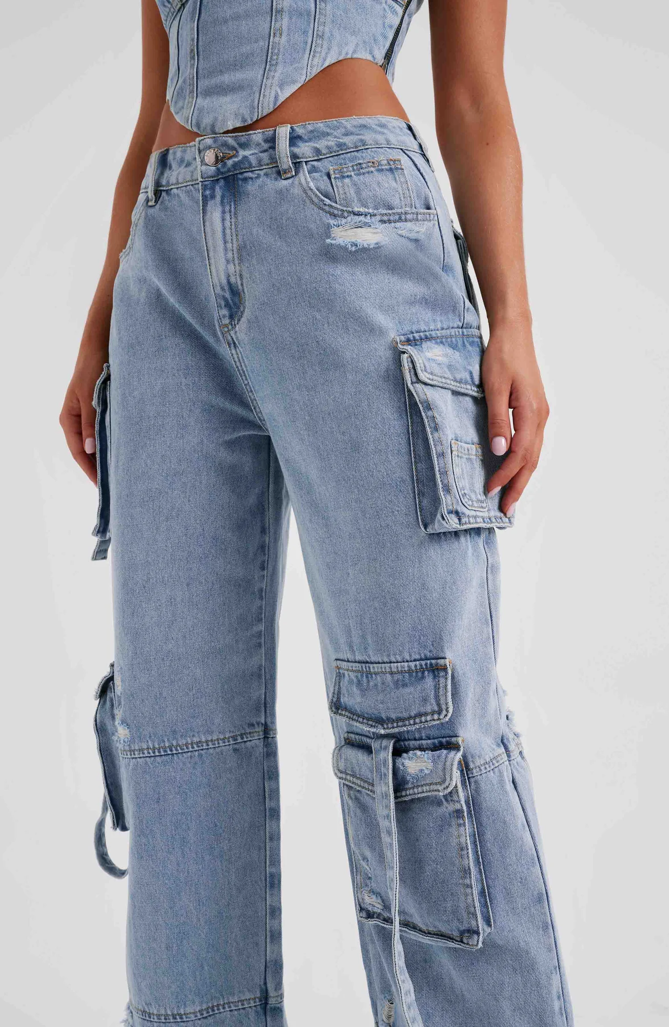 Blue Cargo Pants - Stylish Wide Leg Denim Trousers