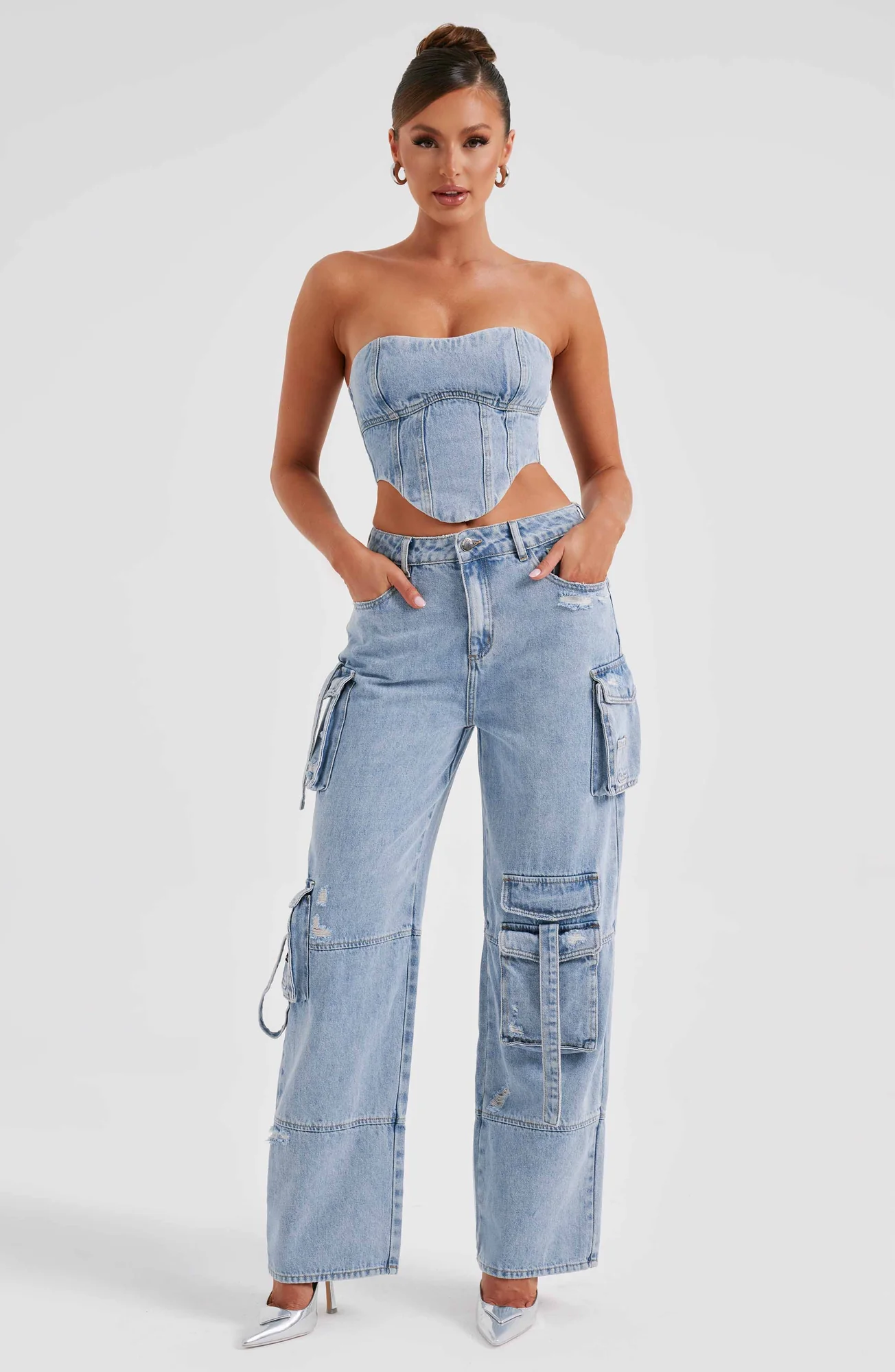 Blue Cargo Pants - Stylish Wide Leg Denim Trousers